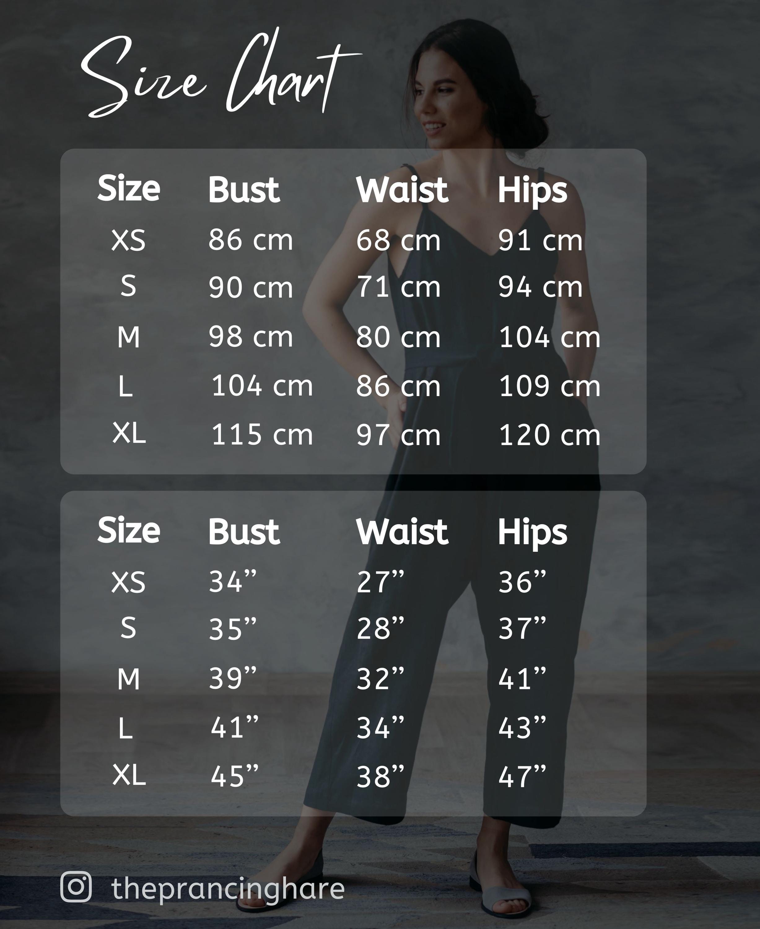 Size chart overlay on a woman wearing a black outfit with measurements displayed.