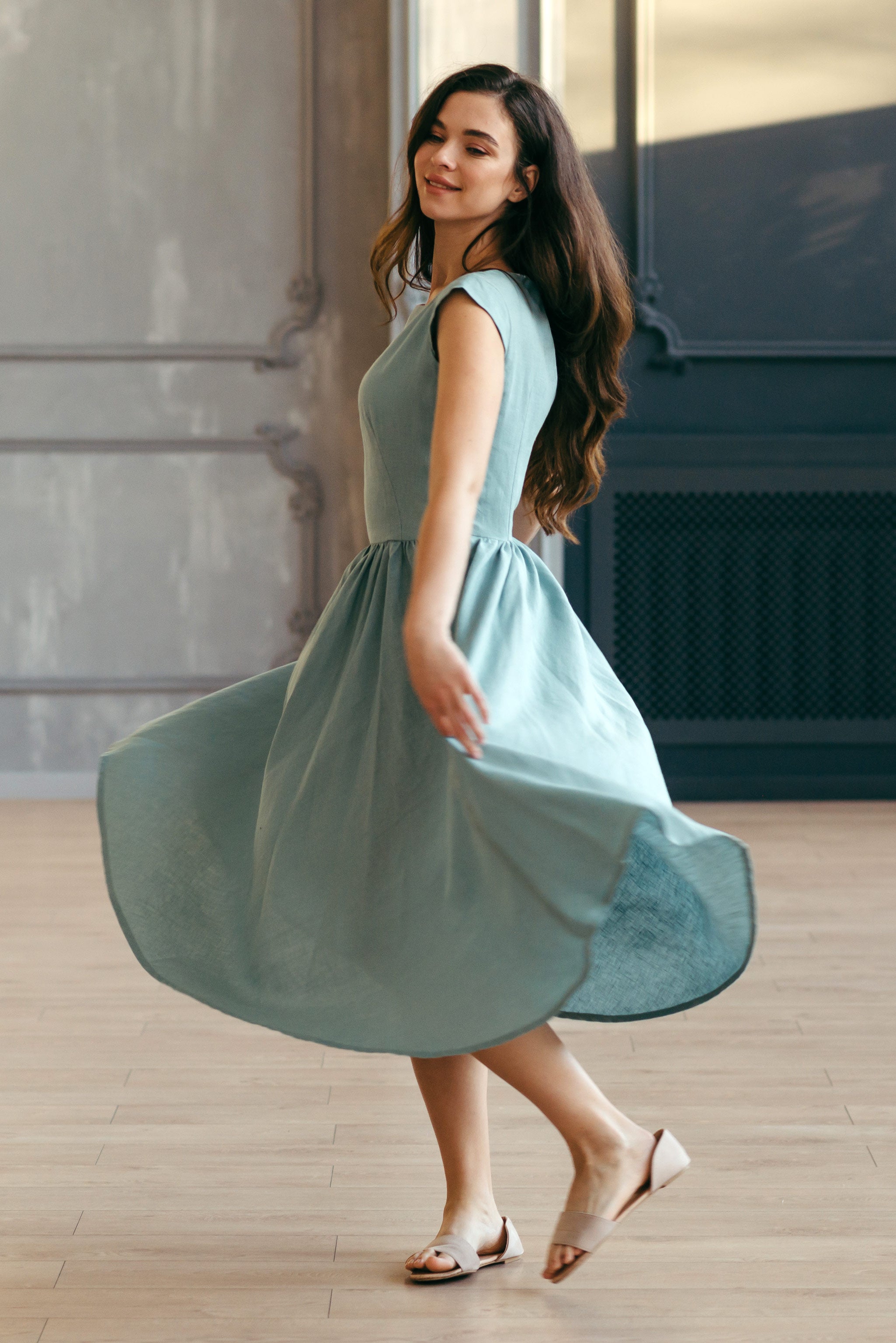 Linen Fit-and-Flare Midi Dress