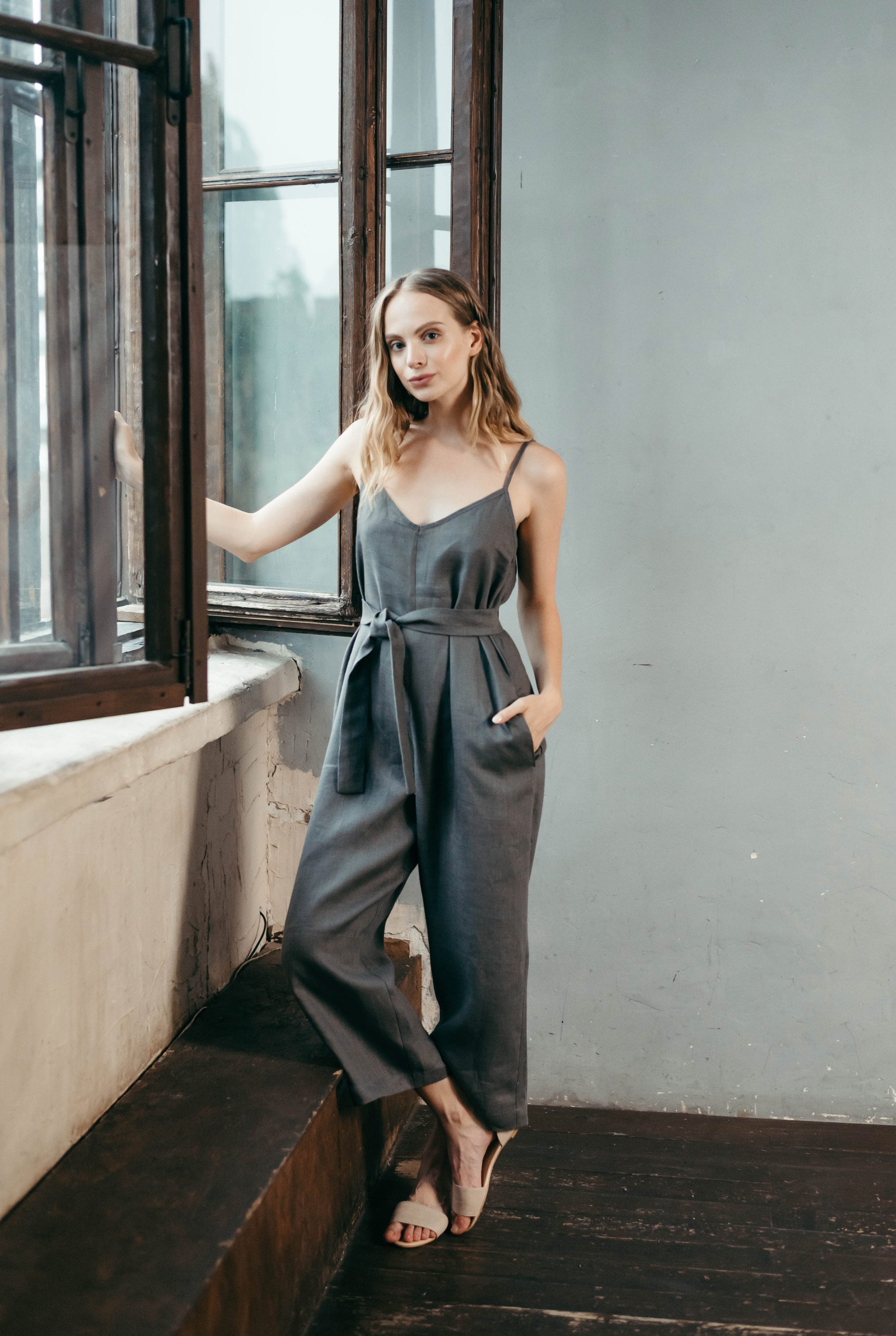 Wide Leg Linen Jumpsuit | Black
