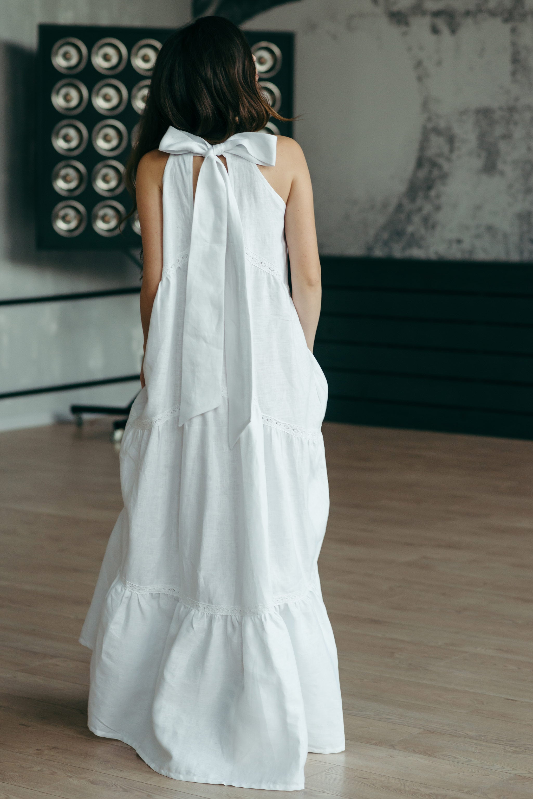 Tiered Linen Wedding Dress with Lace