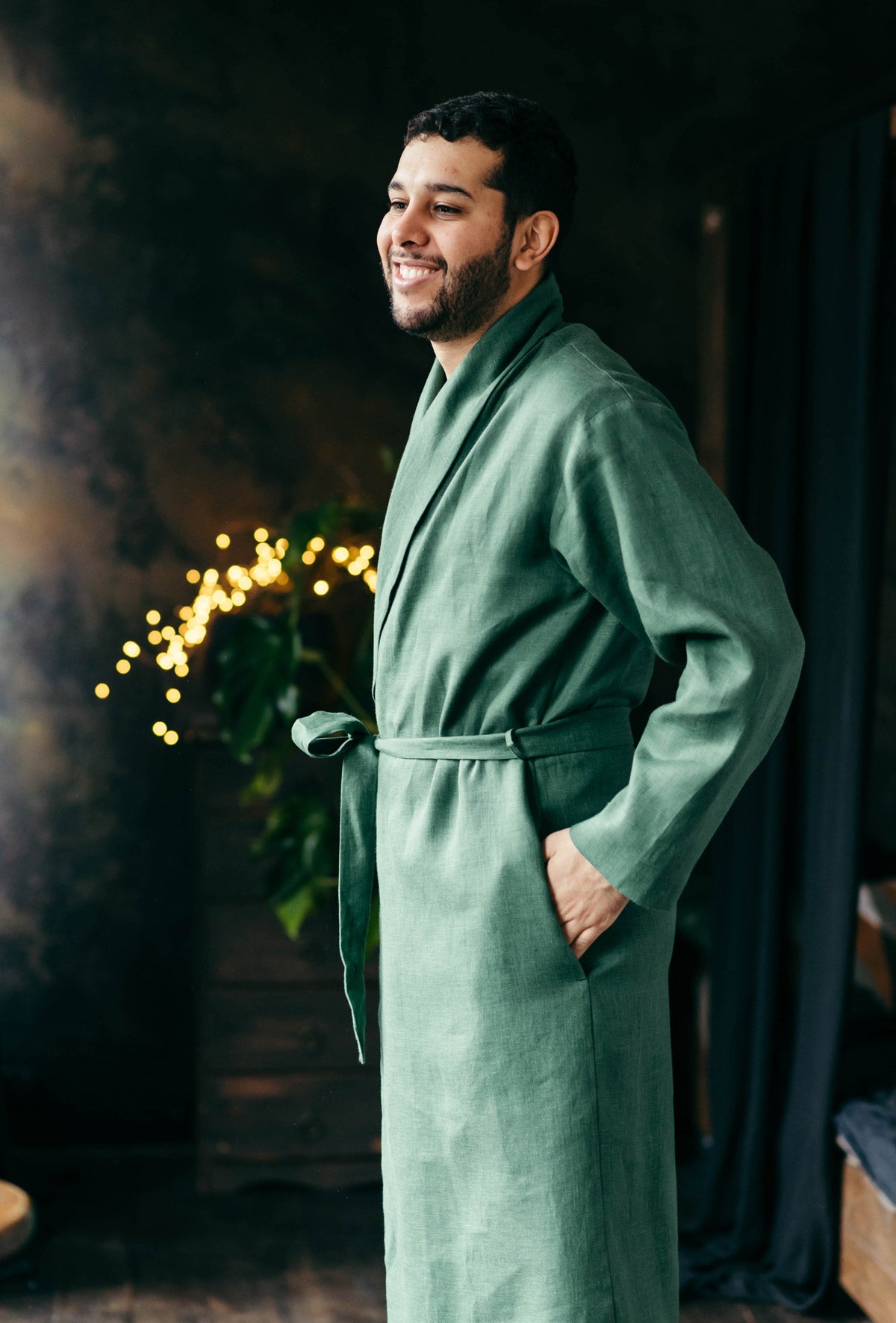 Linen Bathrobe for Men | Green Forest