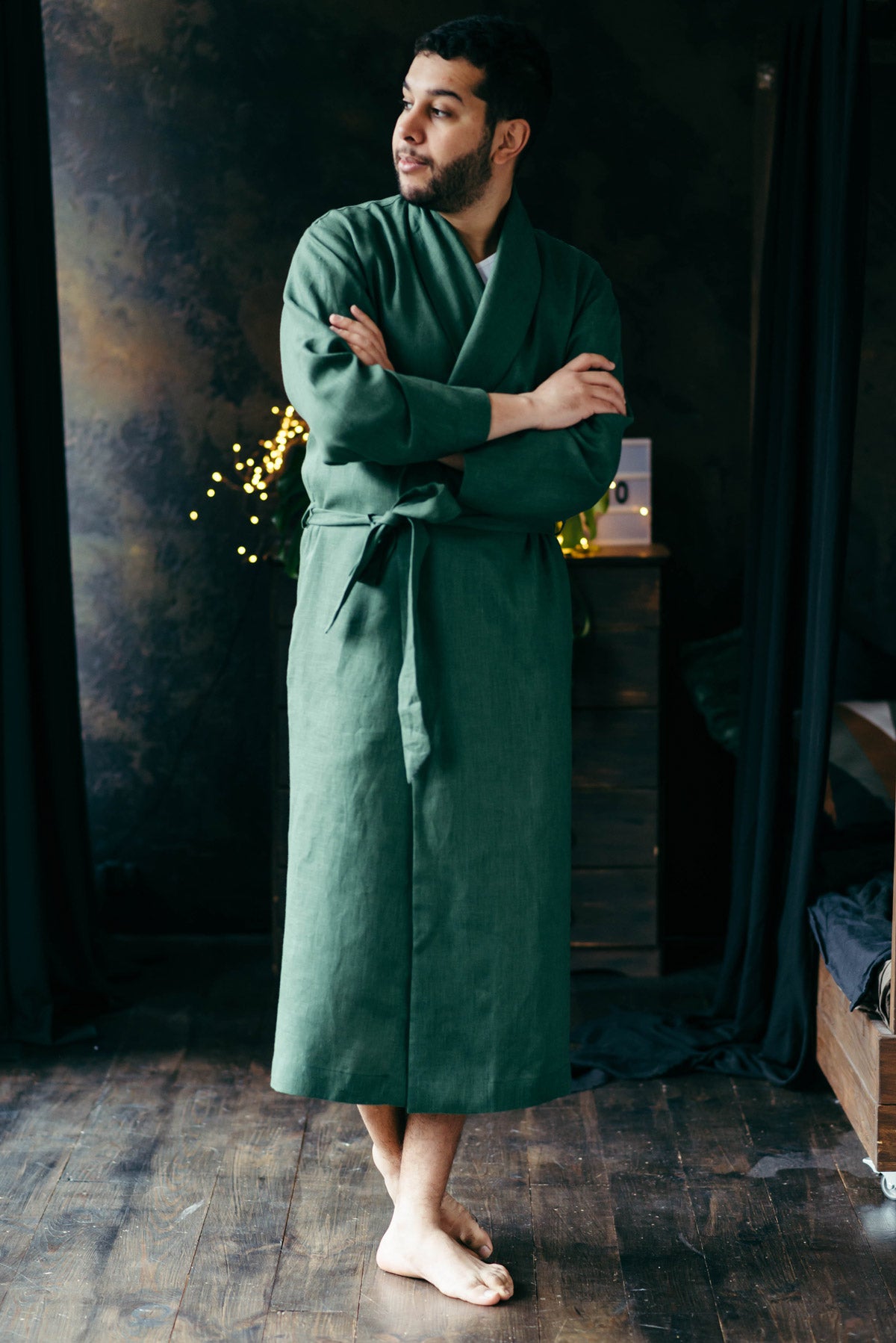 Linen Bathrobe for Men | Green Forest