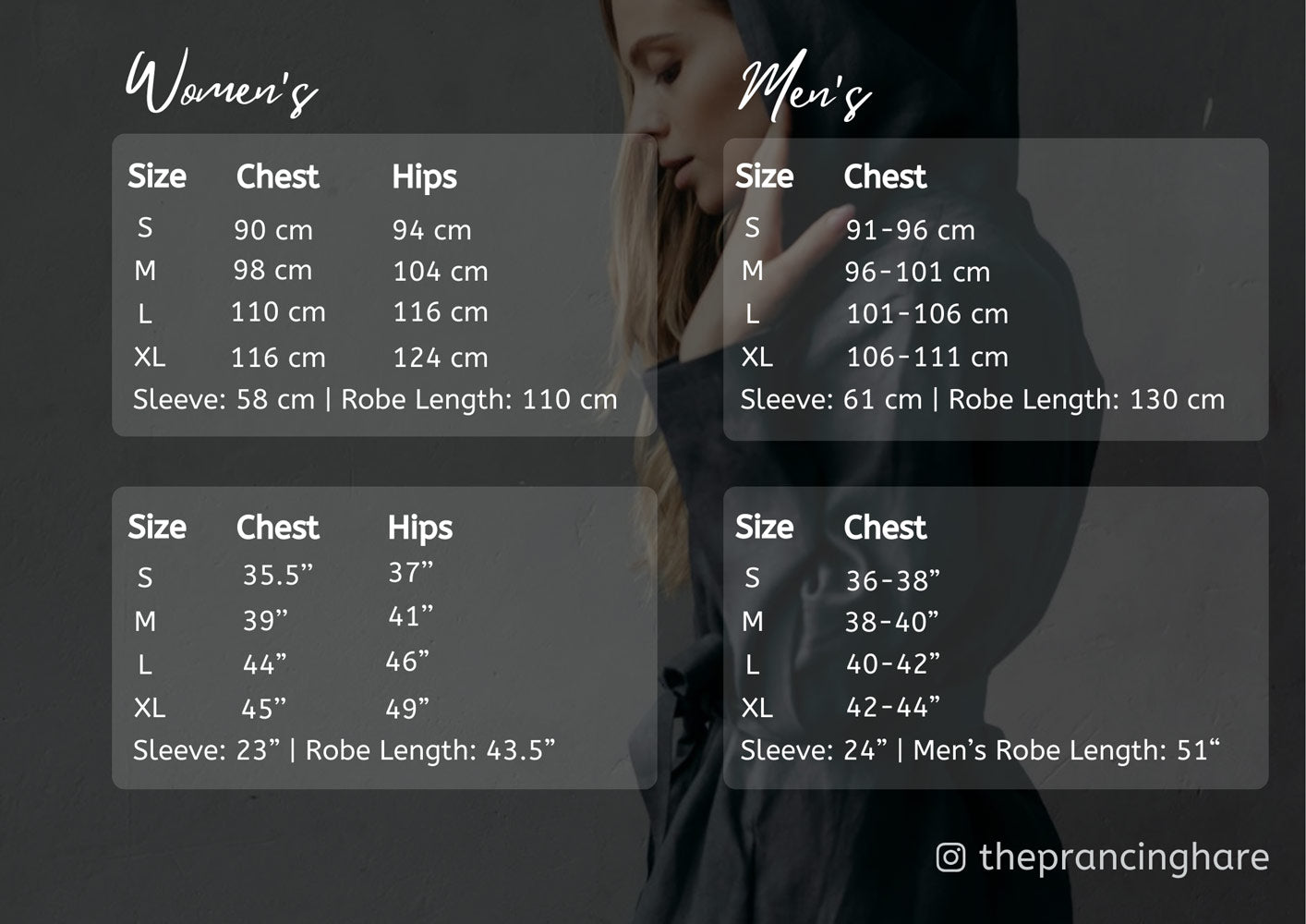 Size chart for women's and men's linen bathrobes with measurements displayed.