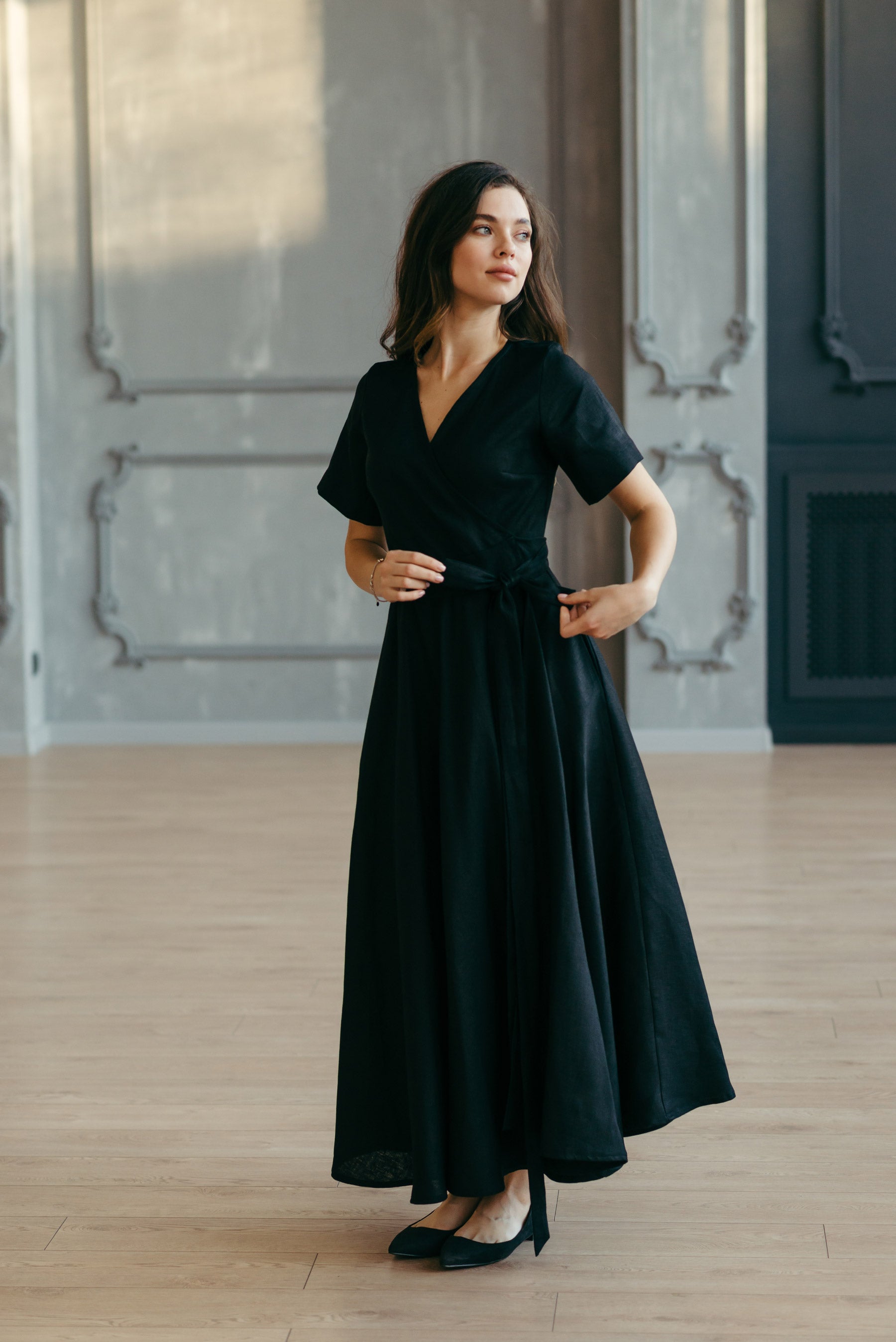 Midi Linen Wrap Dress | Cinnamon