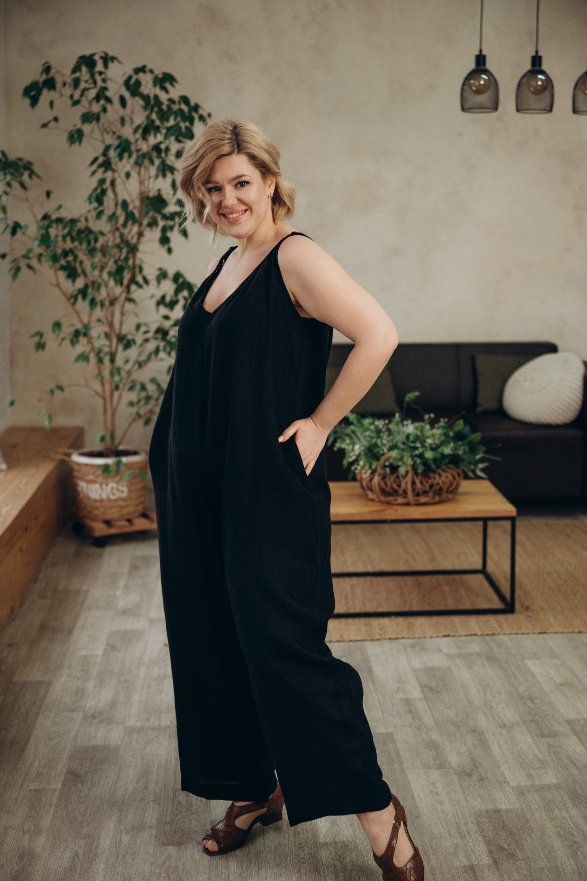 Wide Leg Linen Jumpsuit | Black