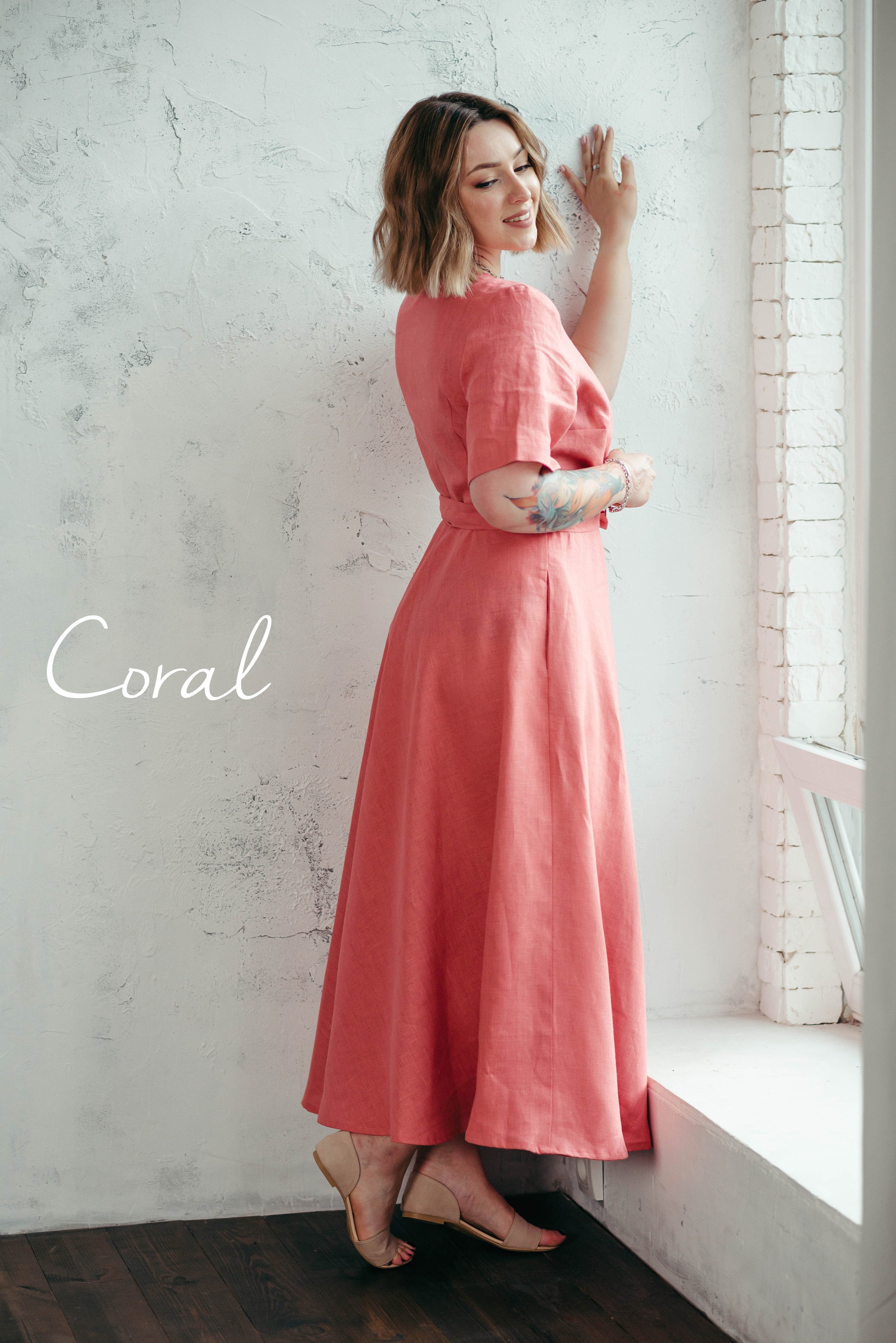 Midi Linen Wrap Dress | Cinnamon
