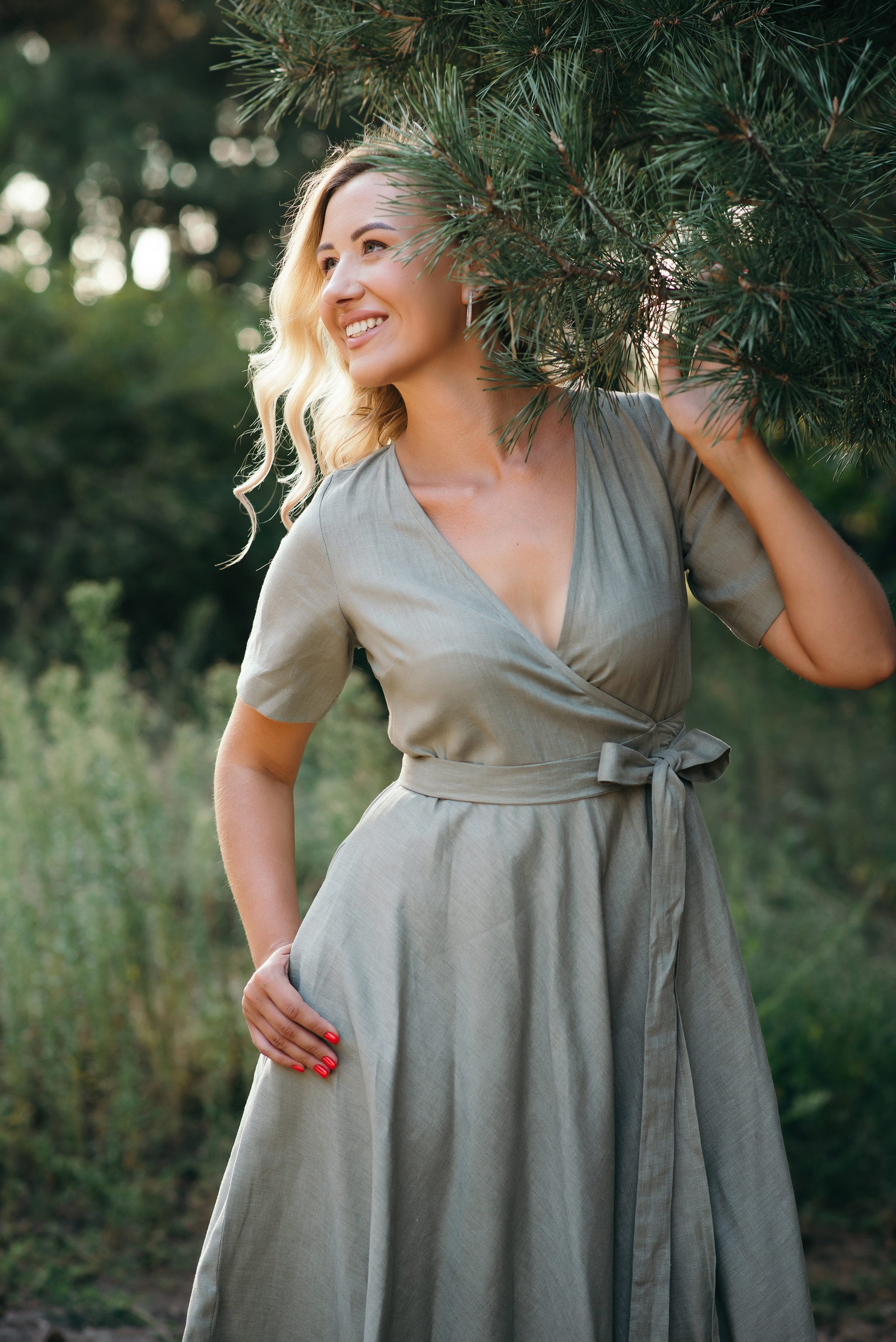 Midi Linen Wrap Dress | Cinnamon