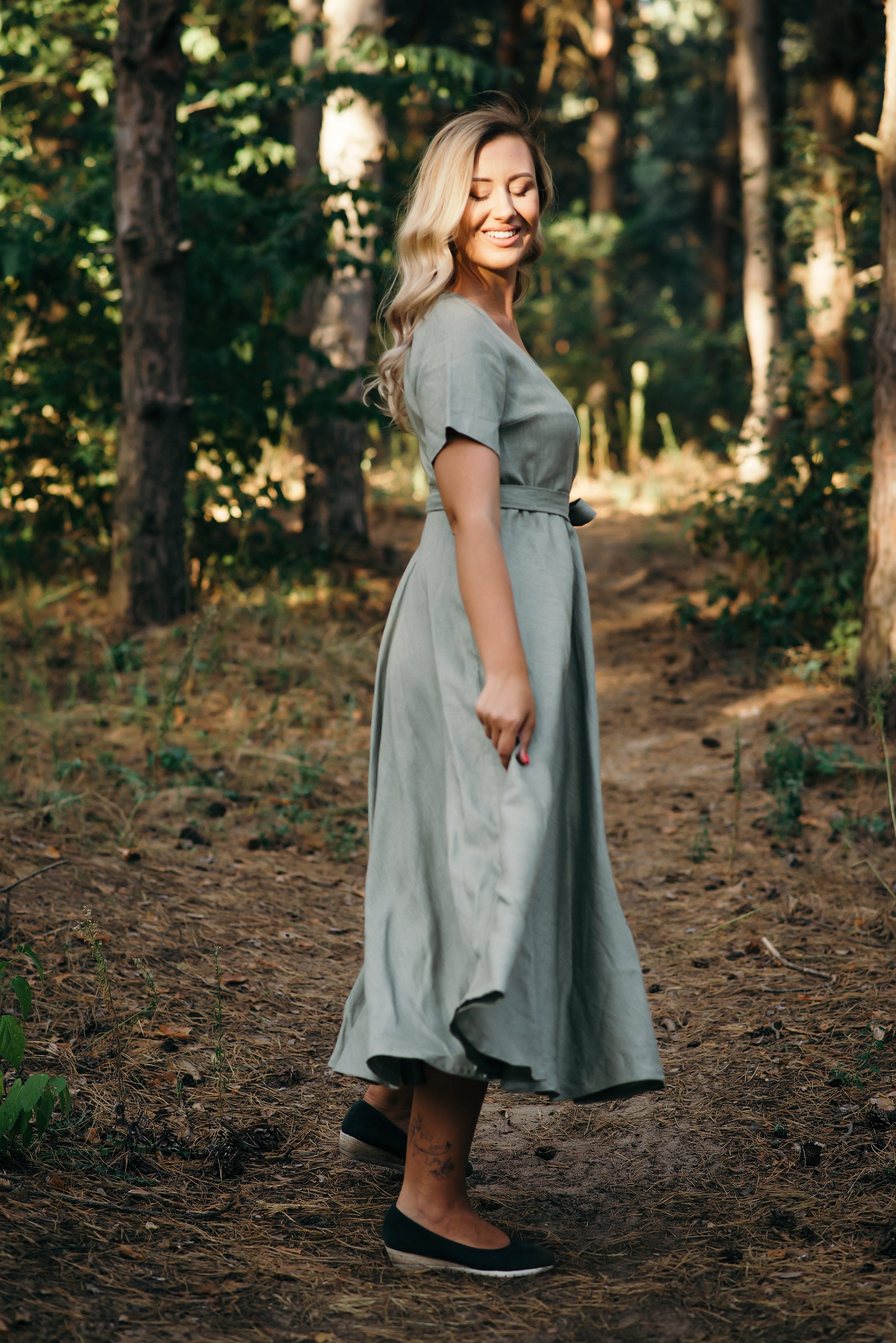 Midi Linen Wrap Dress | Cinnamon
