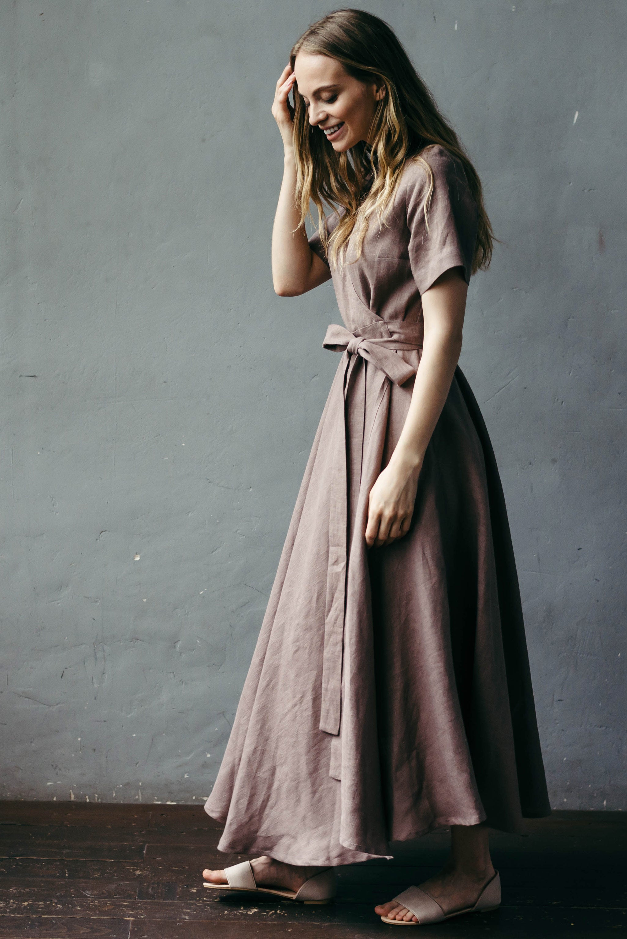 Midi Linen Wrap Dress | Plum