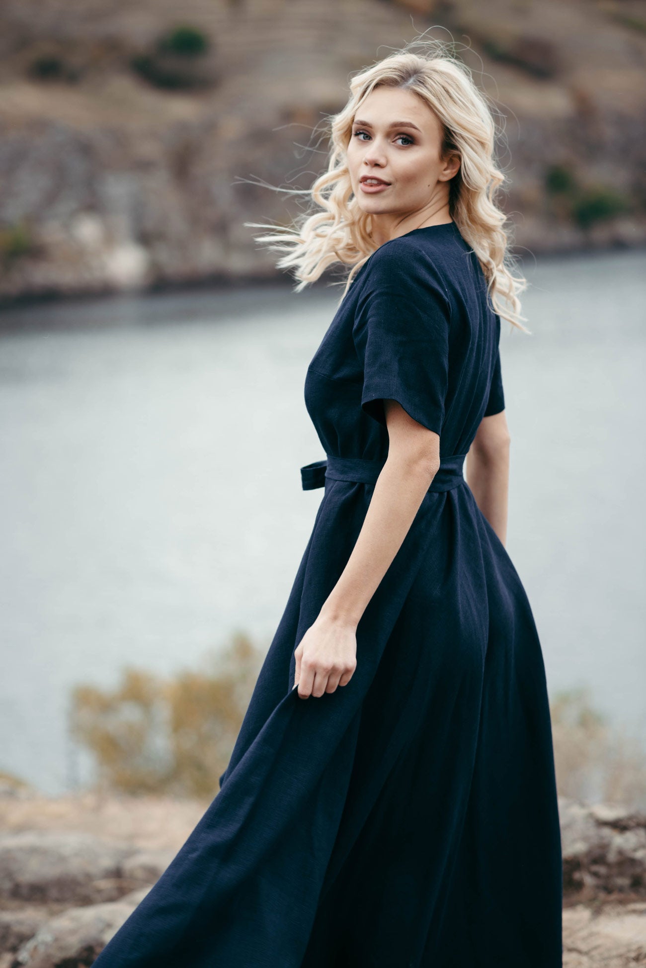 Natural Linen Wrap Dress | Navy