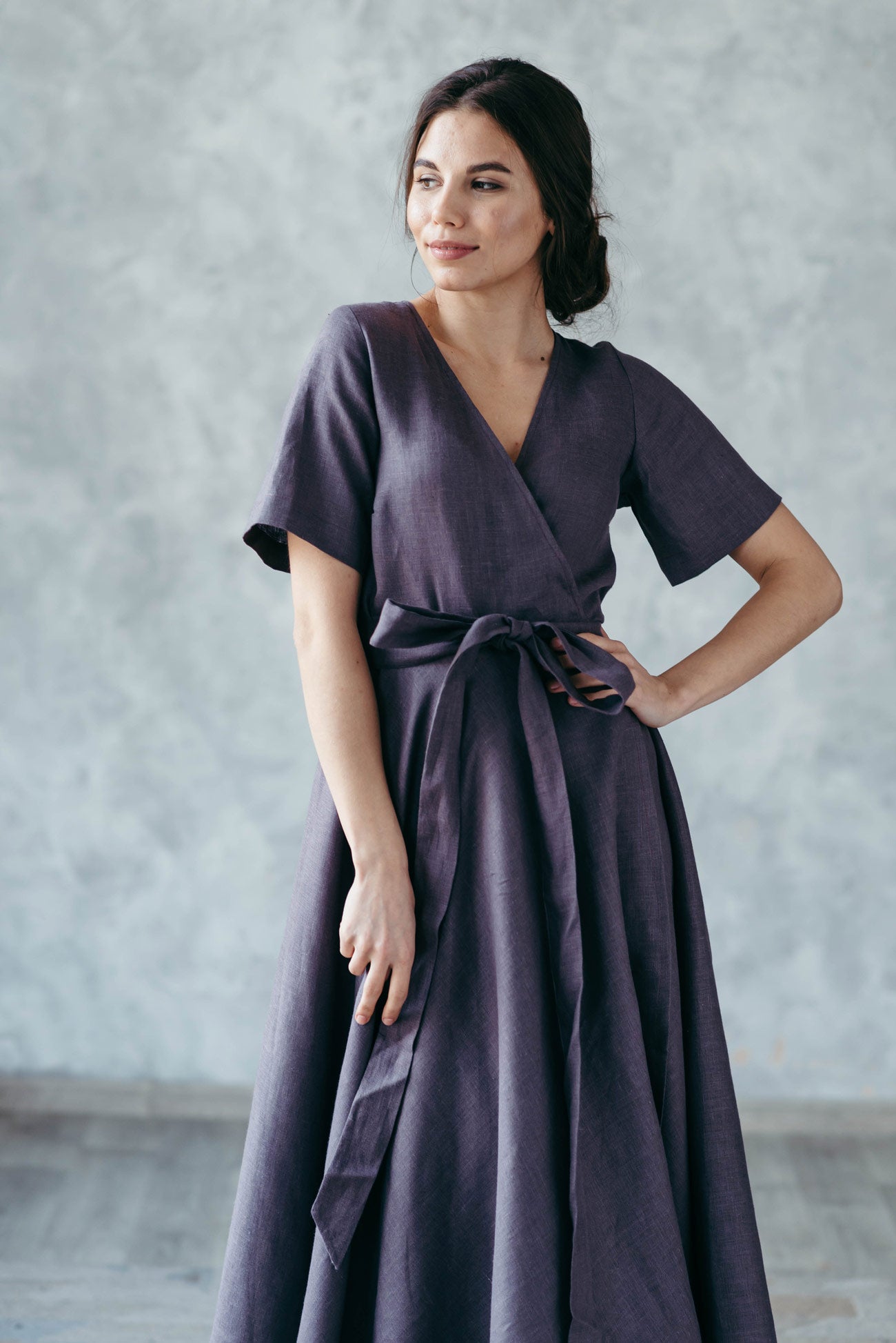 Midi Linen Wrap Dress | Plum