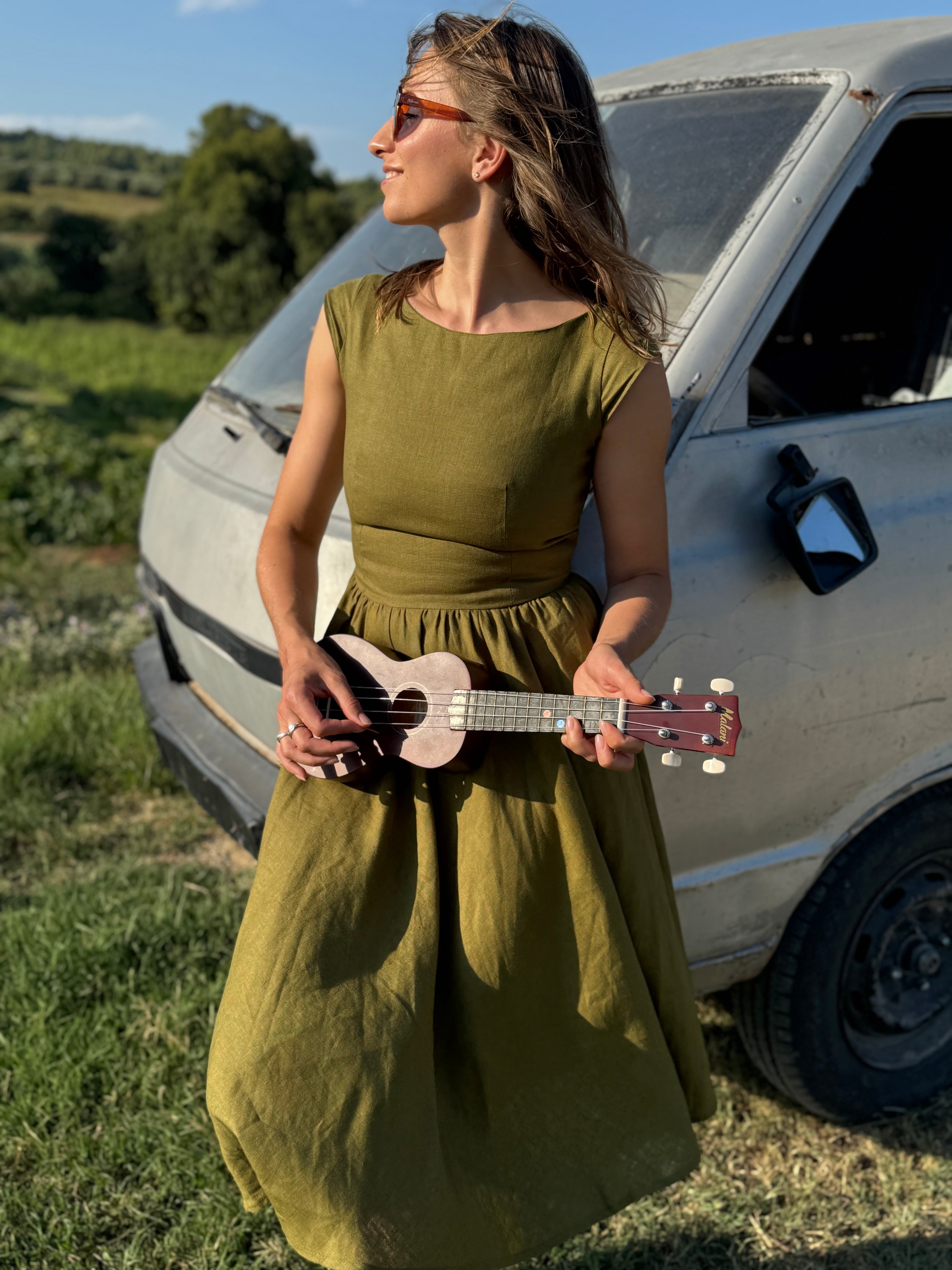 Linen Fit-and-Flare Midi Dress