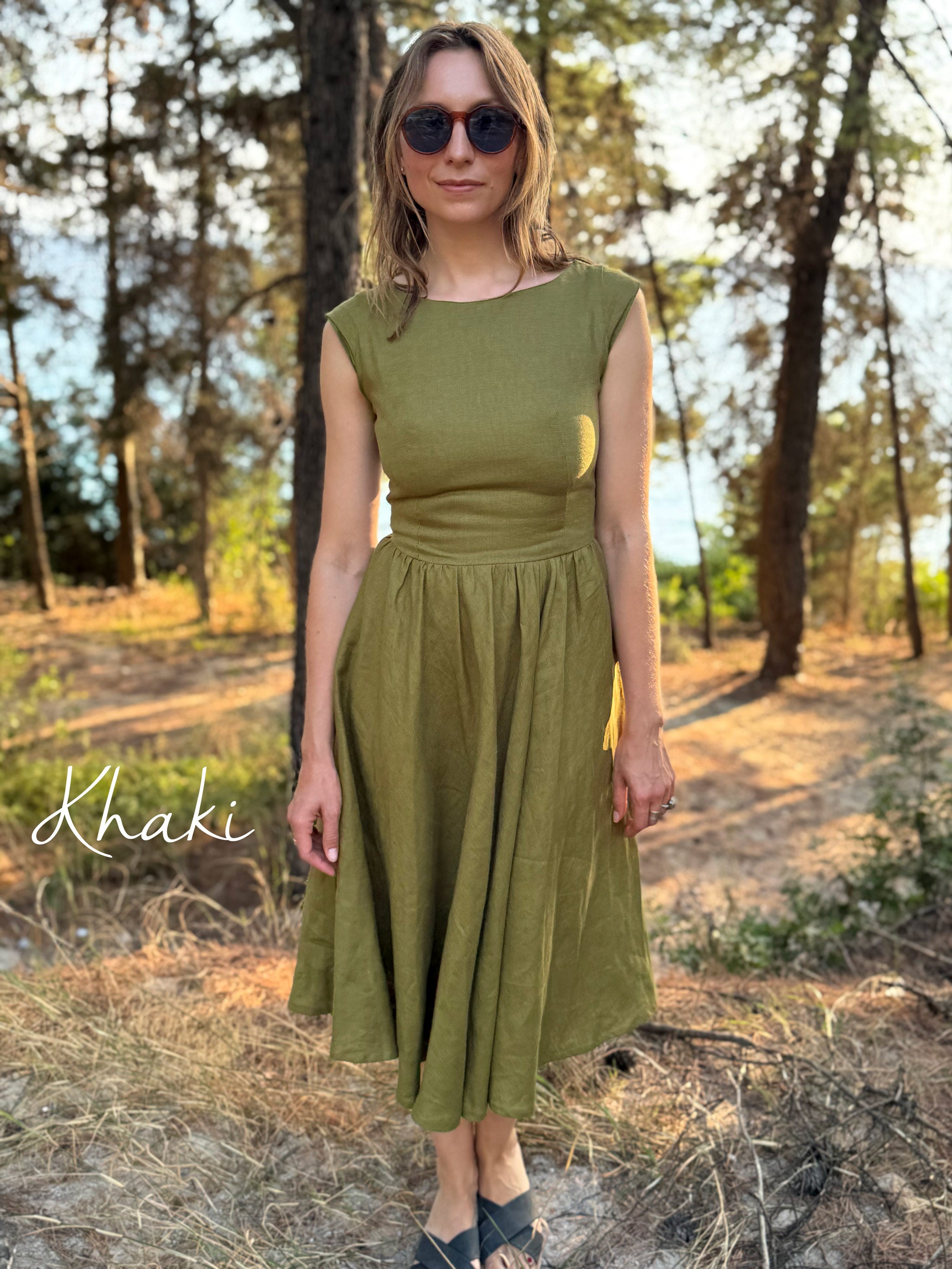 Linen Fit-and-Flare Midi Dress