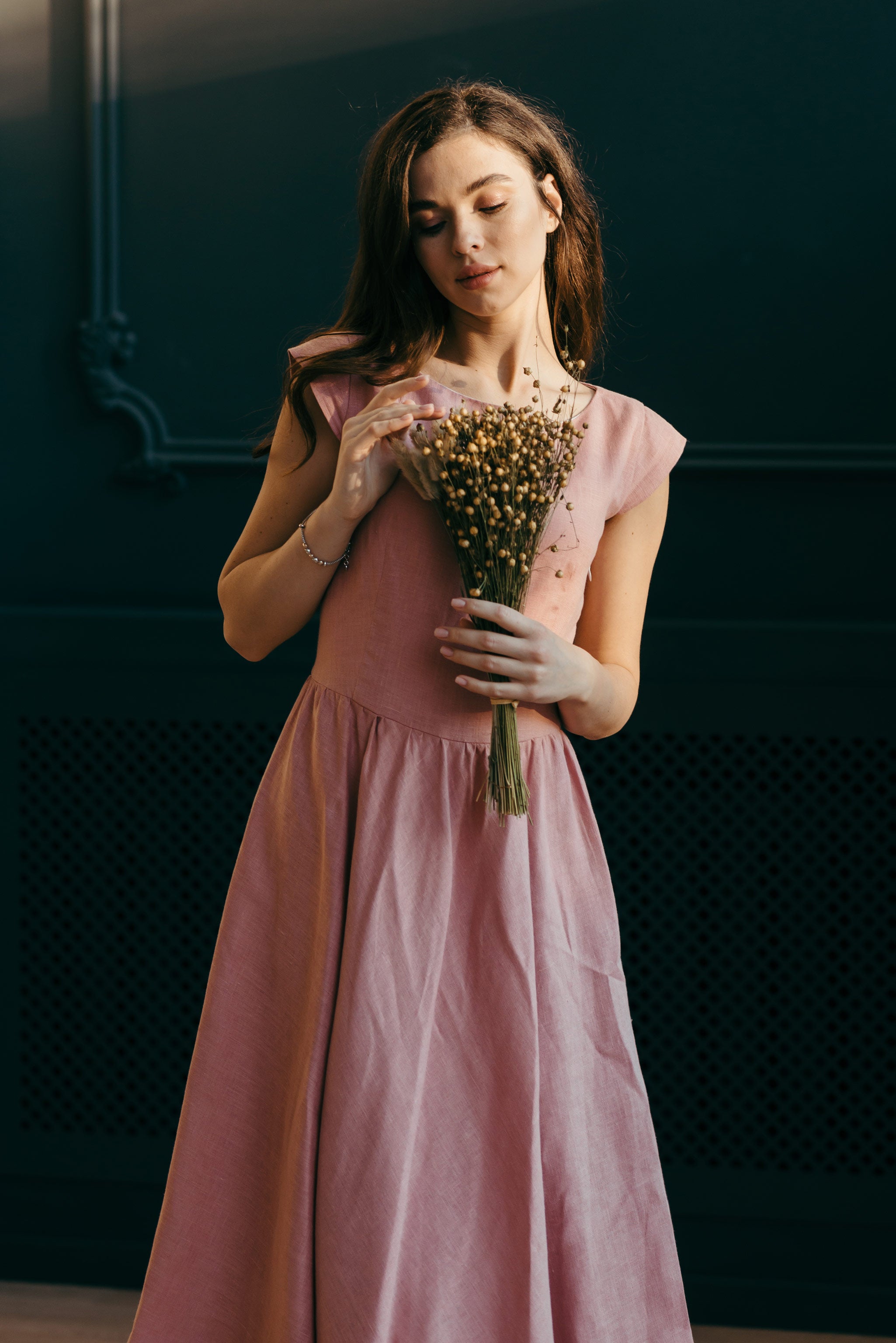 Linen Fit-and-Flare Midi Dress