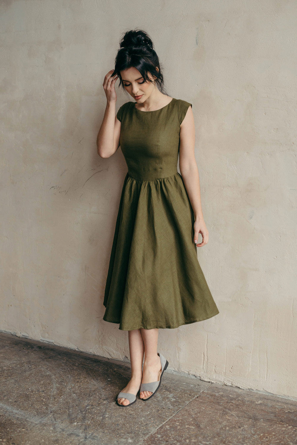 Linen Fit-and-Flare Midi Dress