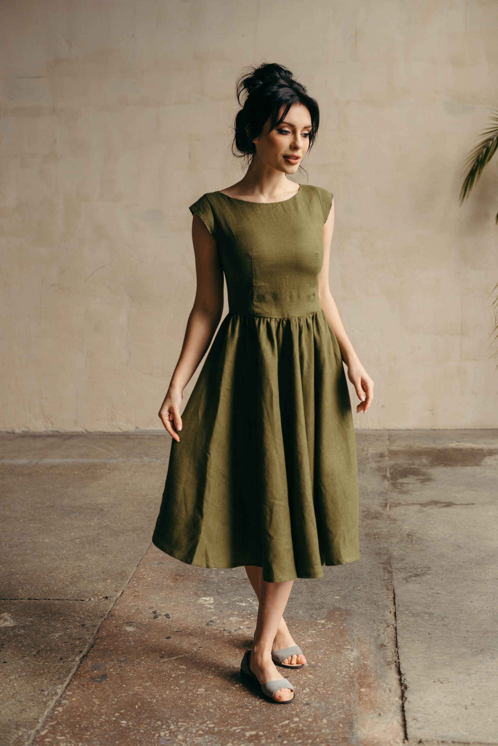 Linen Fit-and-Flare Midi Dress