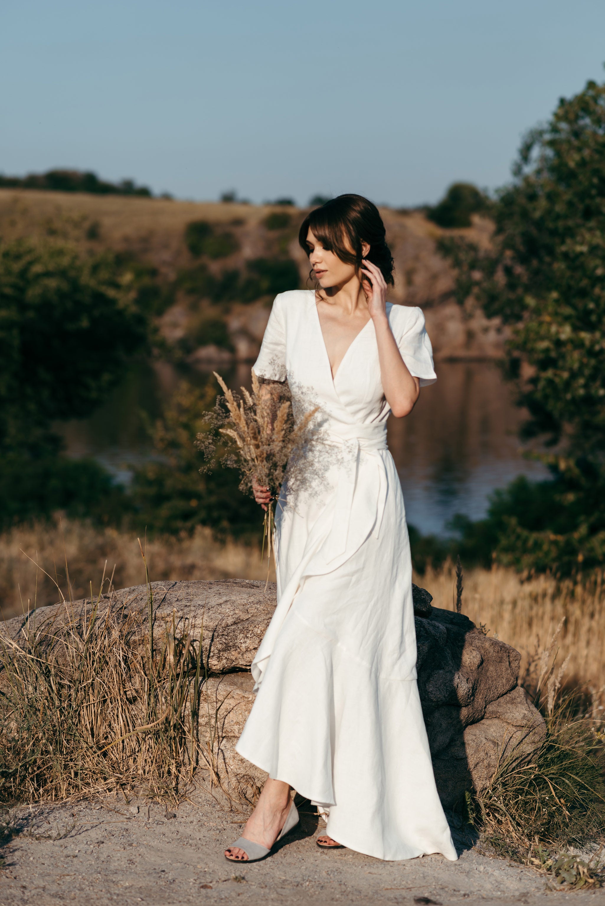 Boho Linen Wrap Wedding Dress | High-Low Skirt