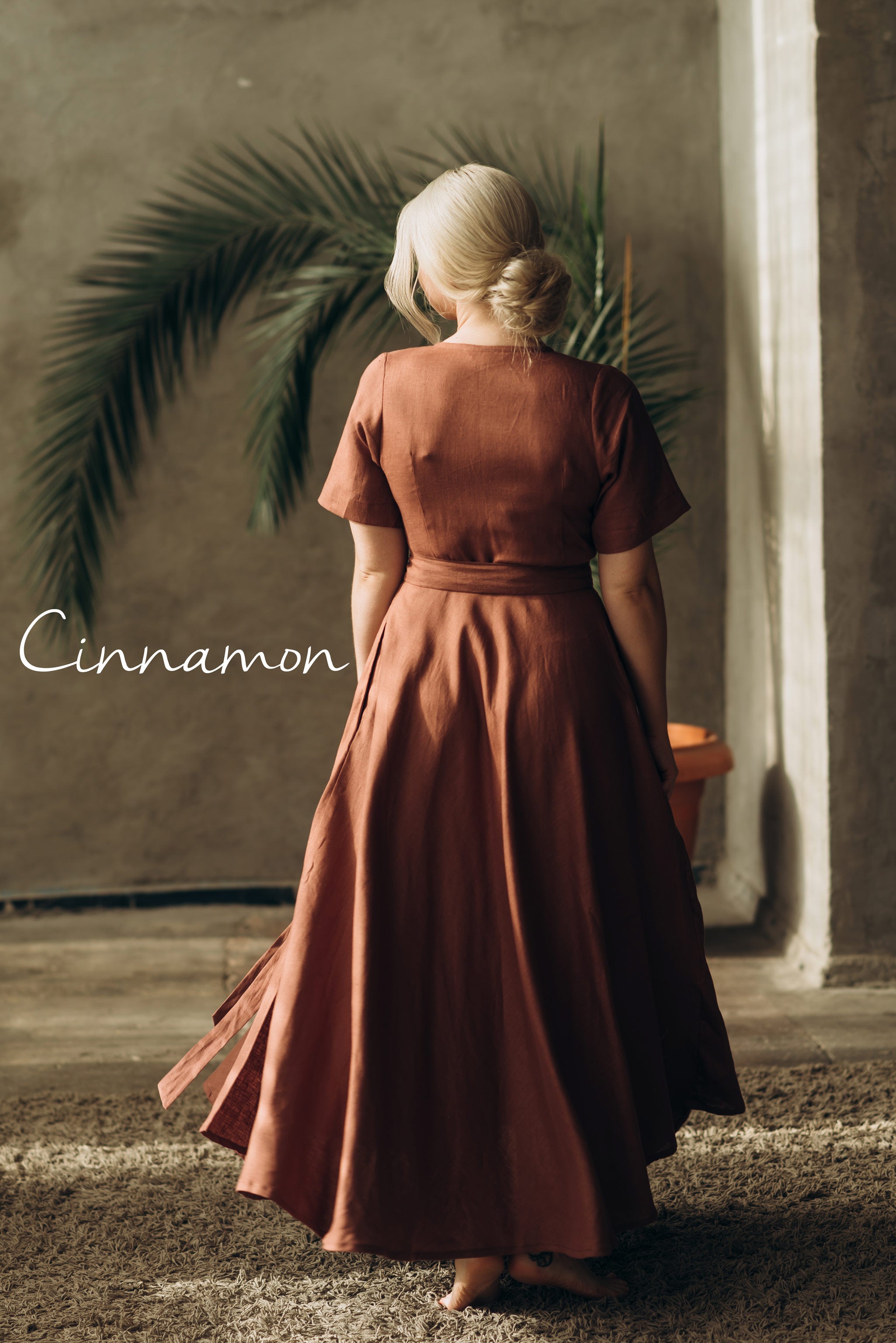 Midi Linen Wrap Dress | Cinnamon