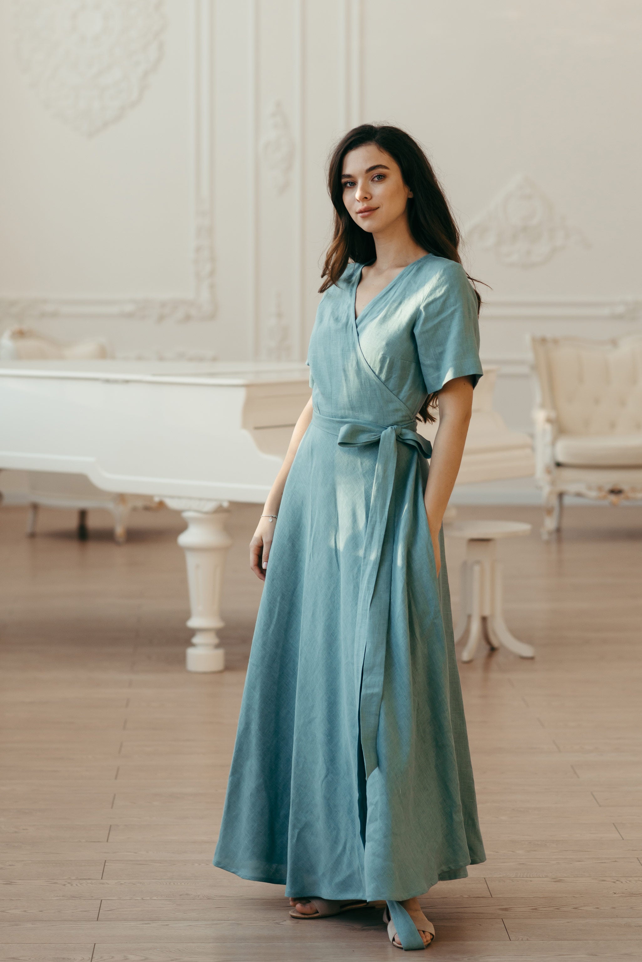 Midi Linen Wrap Dress | Cinnamon
