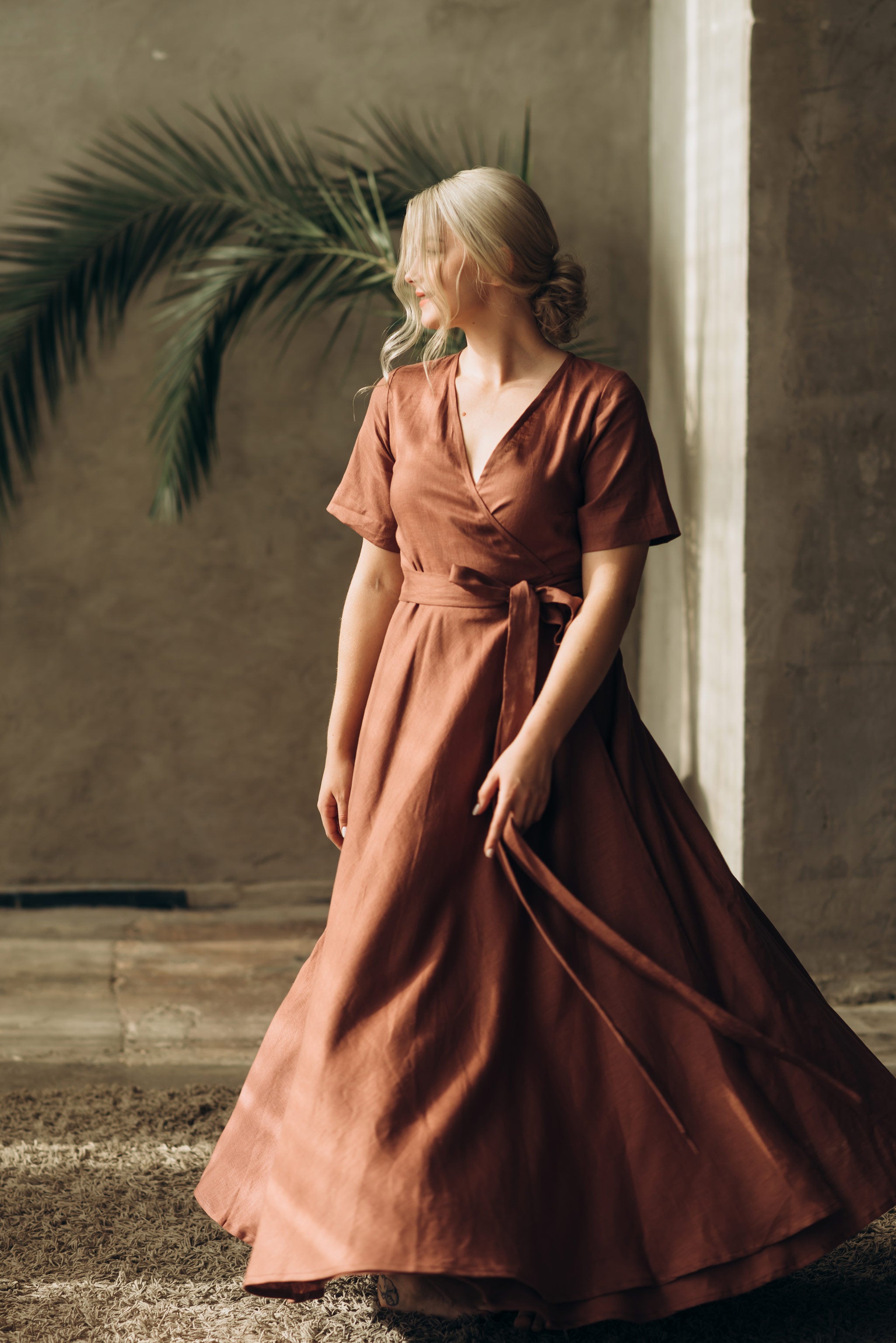 Midi Linen Wrap Dress | Cinnamon