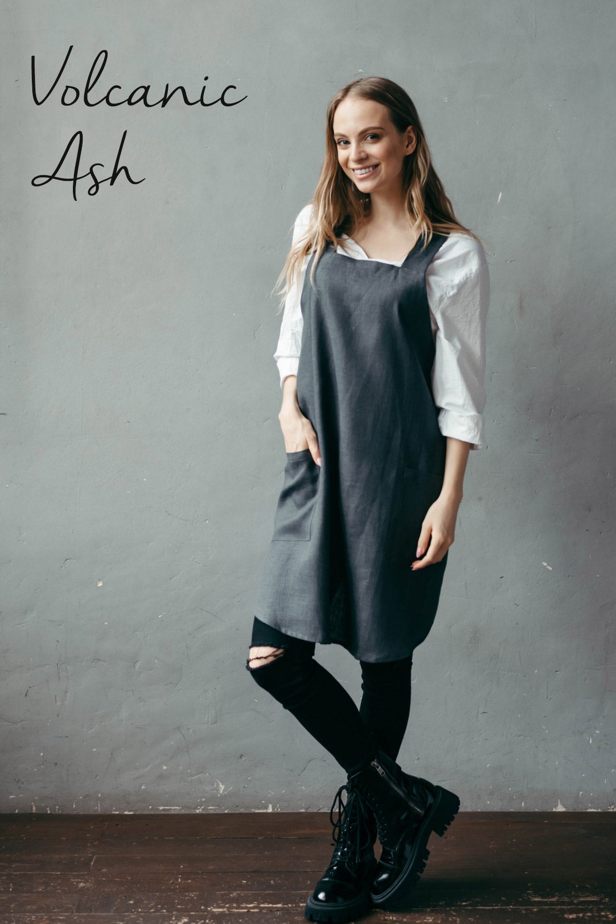 Khaki Short Linen Crossover Pinafore Apron