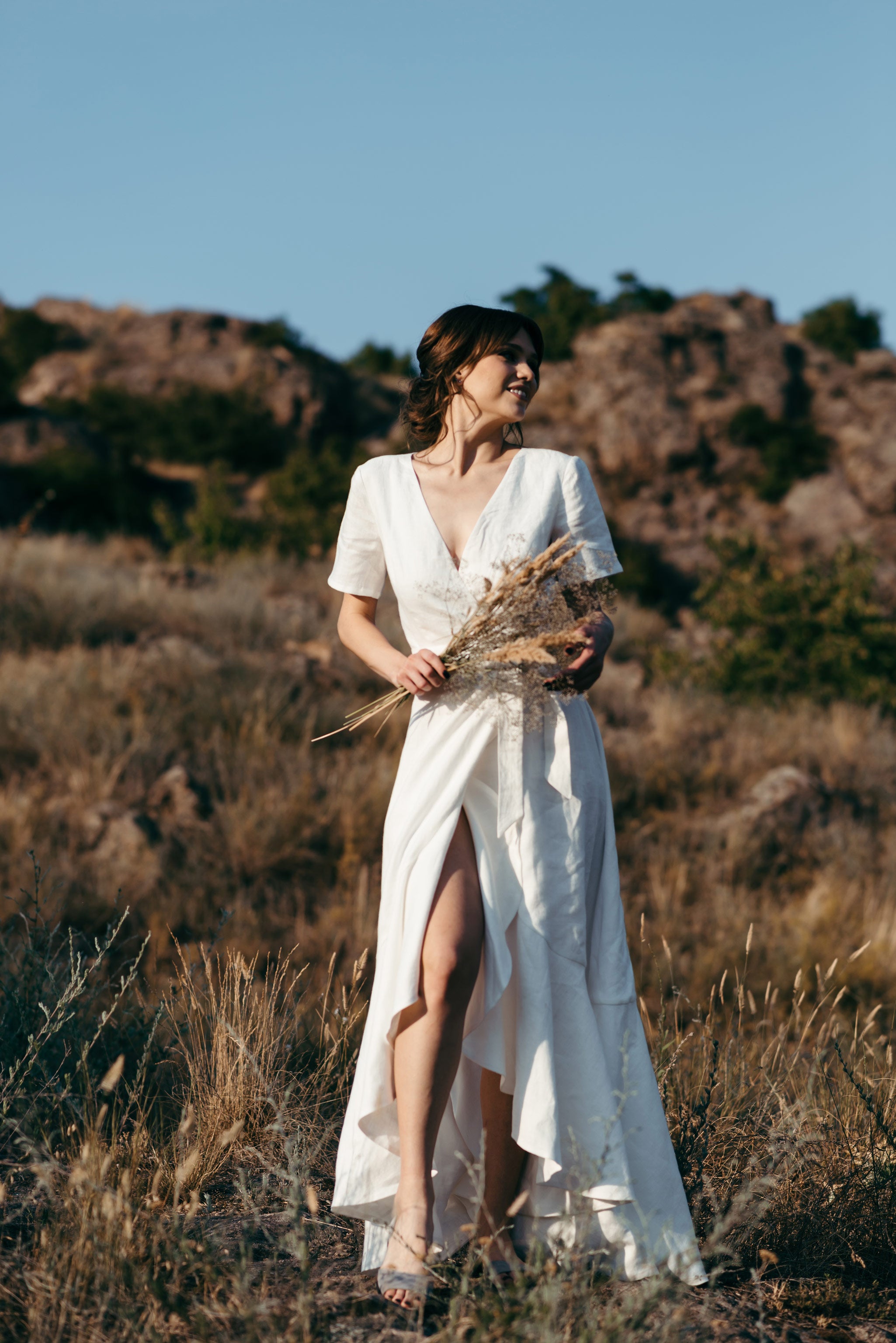 Boho Linen Wrap Wedding Dress | High-Low Skirt
