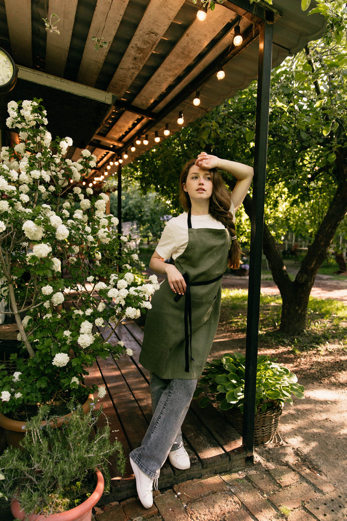 Customer wearing Classic Linen Chef Aprons