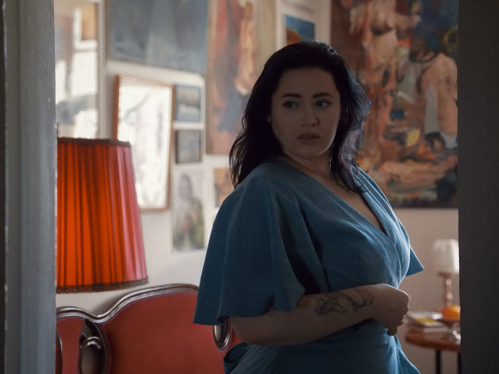 Customer wearing Linen Wrap Dress | Nordic Sky | Bridesmaid & Guest