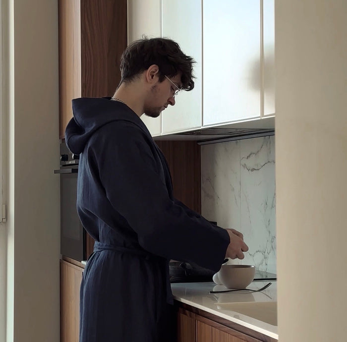 Customer wearing Bathrobe for Men | Natural Linen Colour