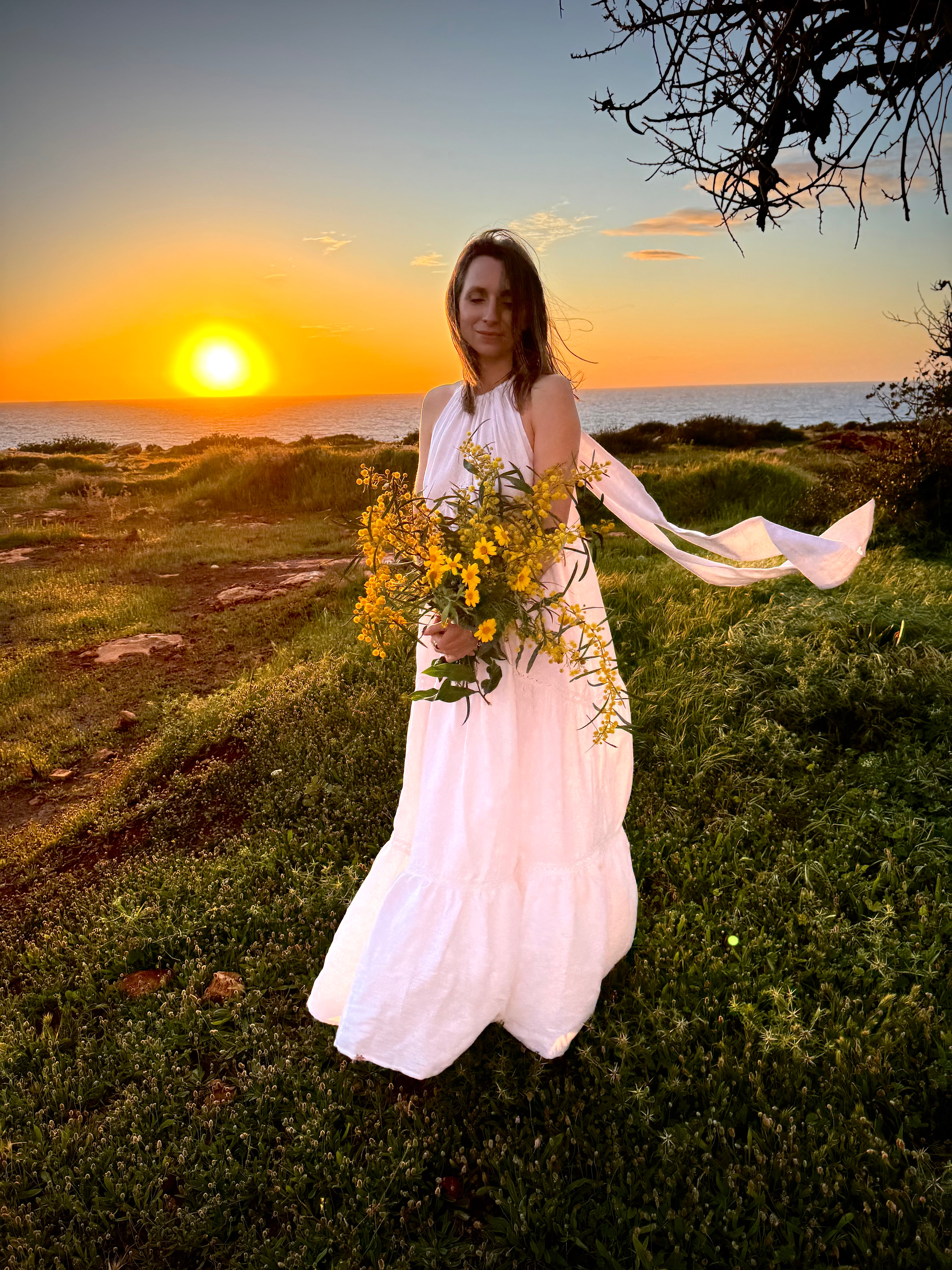 Tiered Linen Wedding Dress with Lace