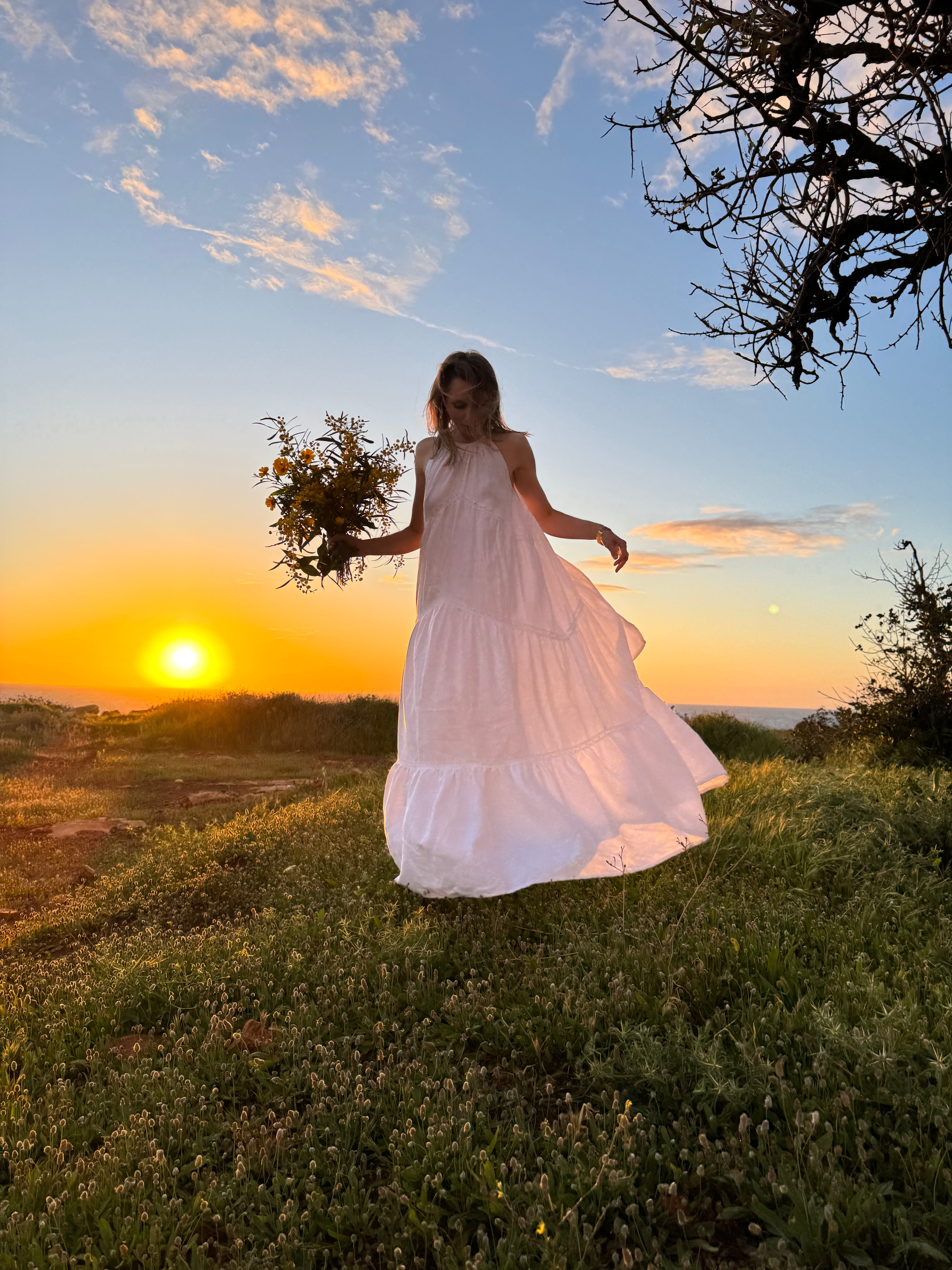 Tiered Linen Wedding Dress with Lace