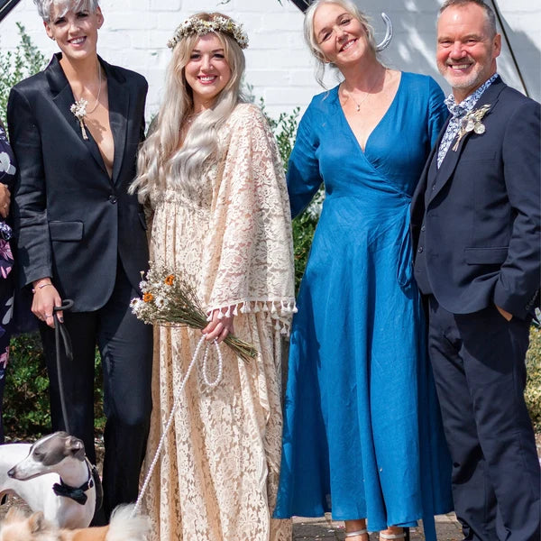 Customer wearing Midi Linen Wrap Dress | Coastal Blue