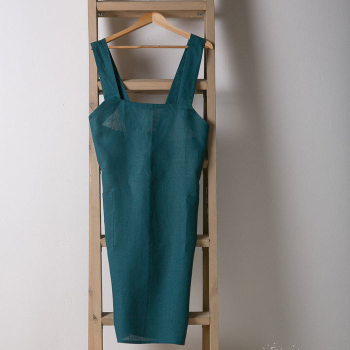 Customer wearing Linen Cross-Back Apron | Adult Sizes