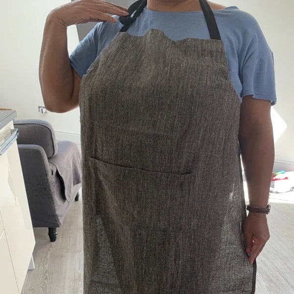 Customer wearing Linen Apron for Chefs & Makers