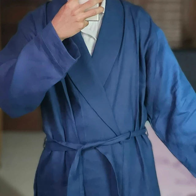 Customer wearing Classic Men’s Linen Robe | Grey