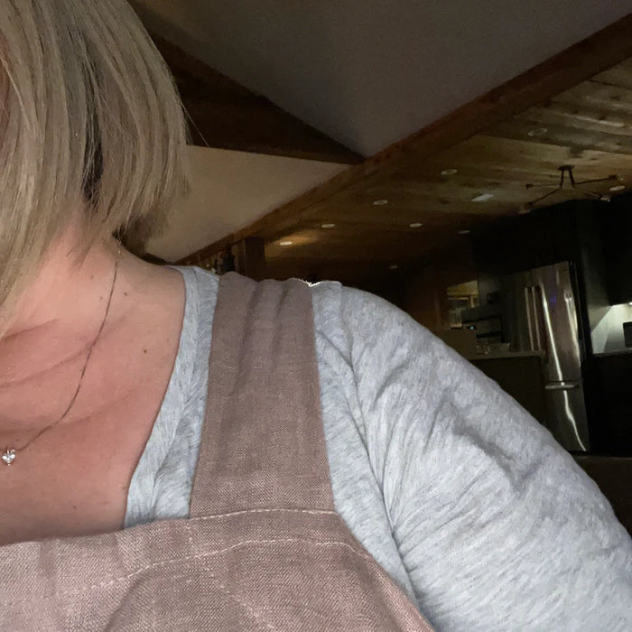 Customer wearing Kids Linen Pinafore Apron with Pockets | Toddler to Adult Sizes