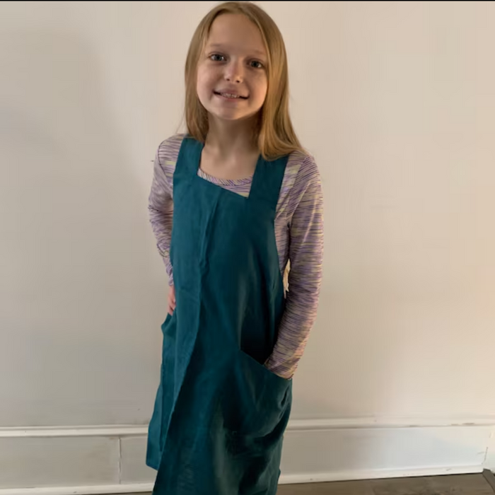 Customer wearing Linen Apron for Children | Matching Family Aprons