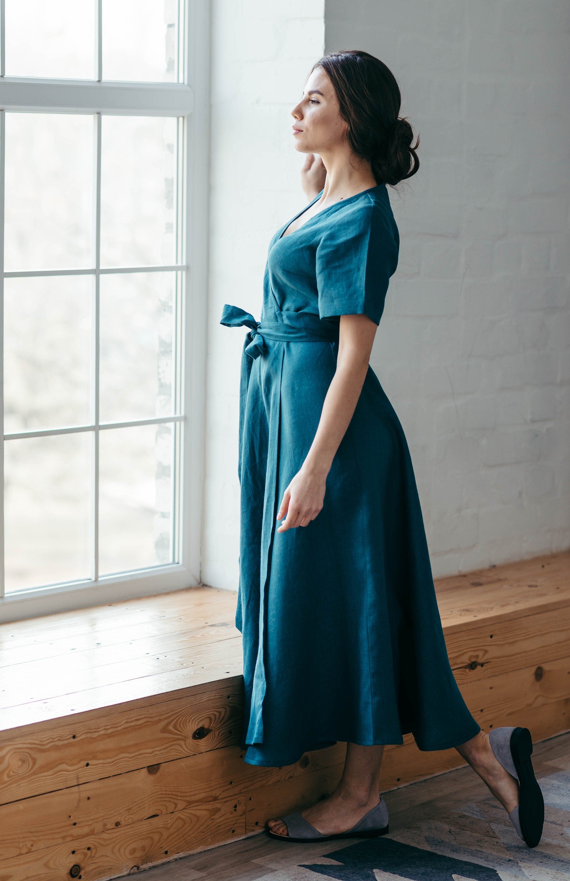 Linen Wrap Dress | Teal