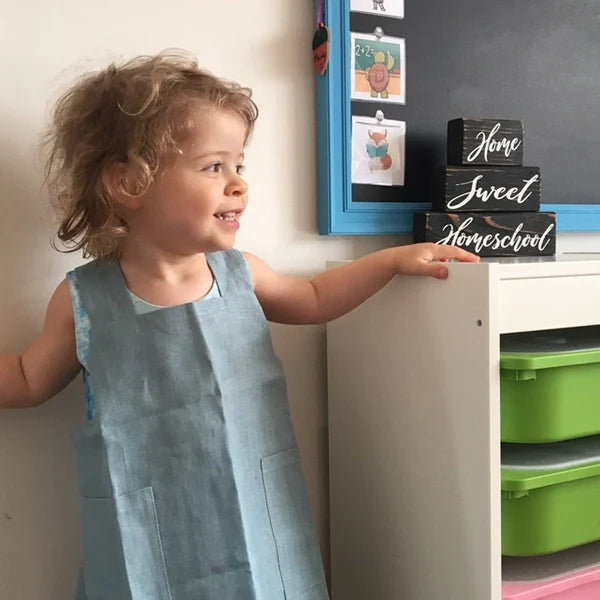 Customer wearing Kids Linen Pinafore Apron | Matching Smock Aprons