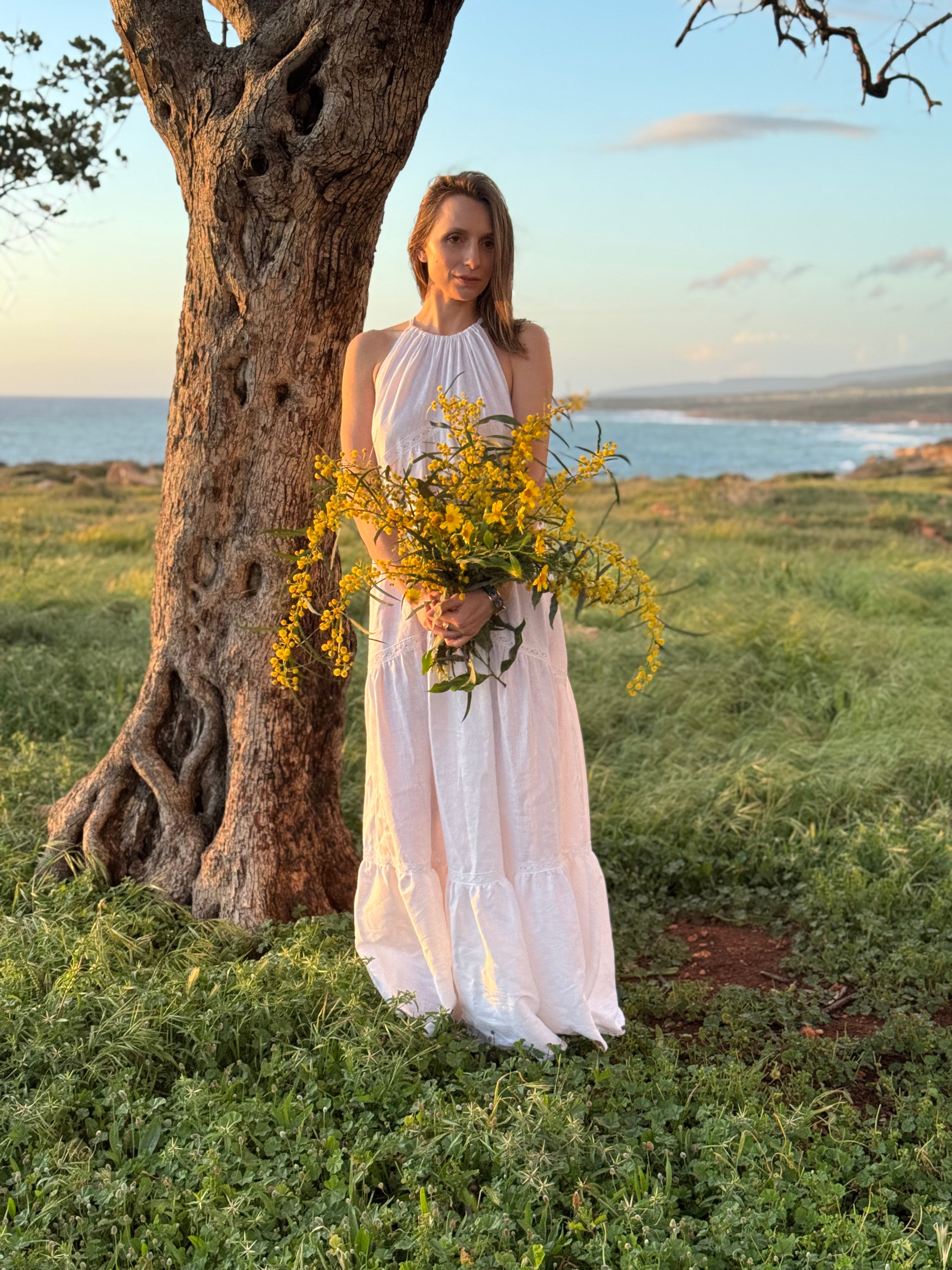 Tiered Linen Wedding Dress with Lace