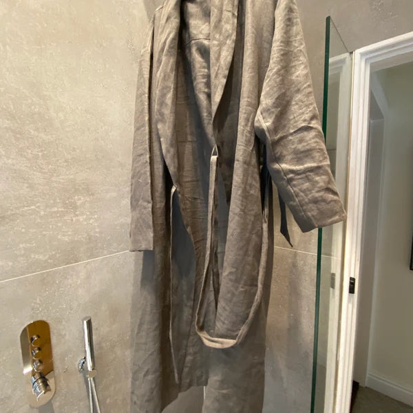 Customer wearing Classic Men’s Linen Robe | Multiple Colour Options