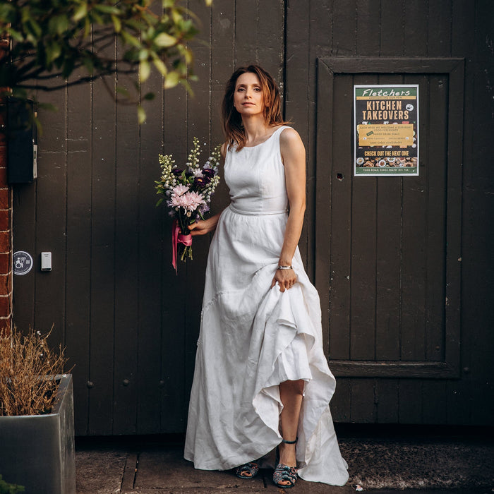 Customer wearing White Linen Wedding Dress with Train | A-Line Gown