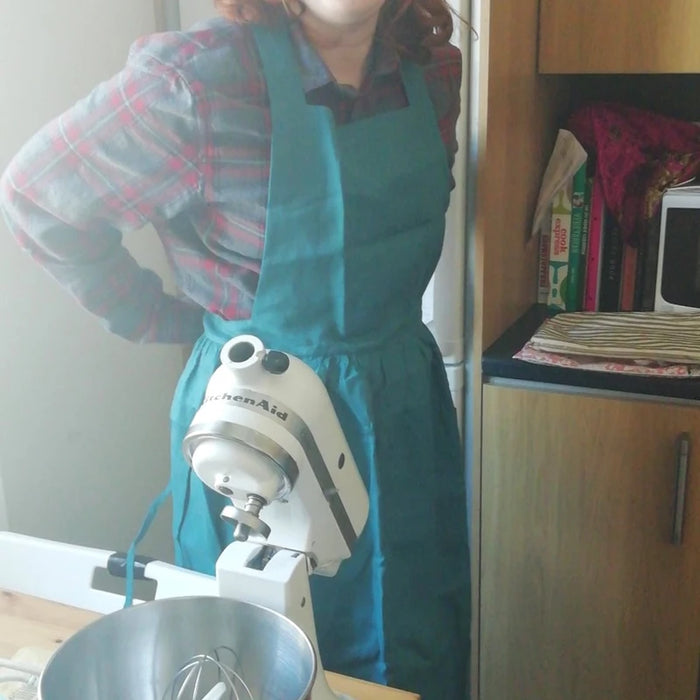 Customer wearing Linen Kitchen Apron | Women’s Pinafore Style