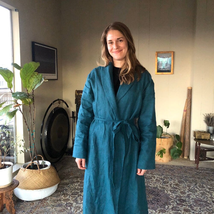 Customer wearing Linen Bathrobe for Women | Navy
