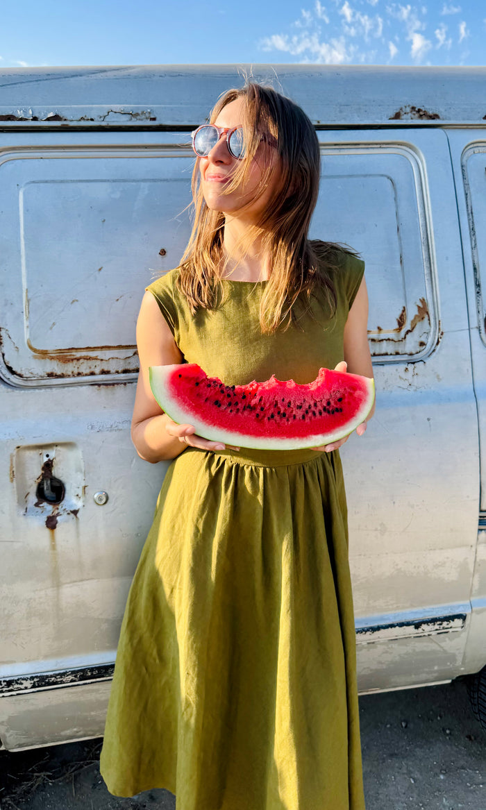 Customer wearing Linen Fit-and-Flare Midi Dress