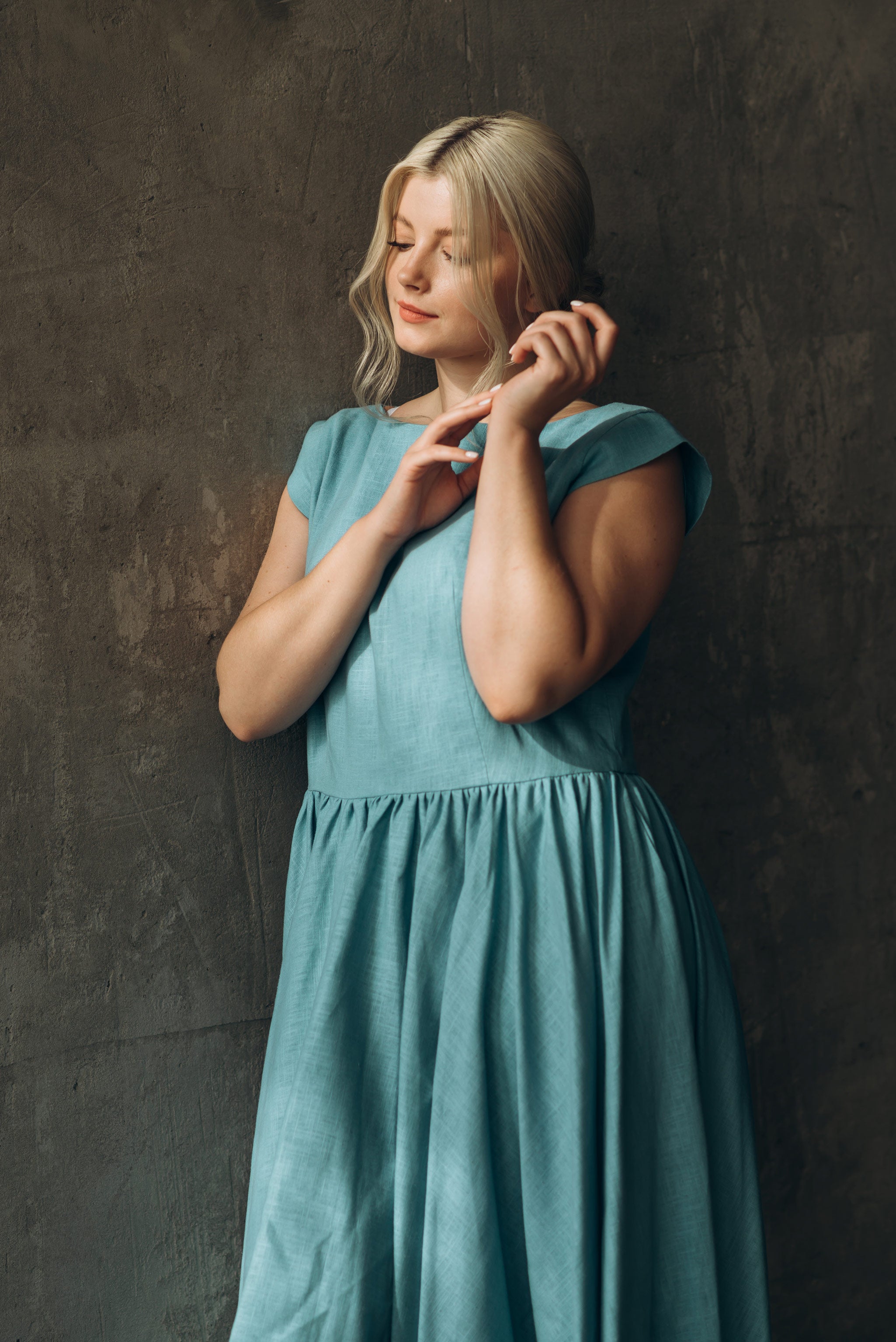 Linen Fit-and-Flare Midi Dress
