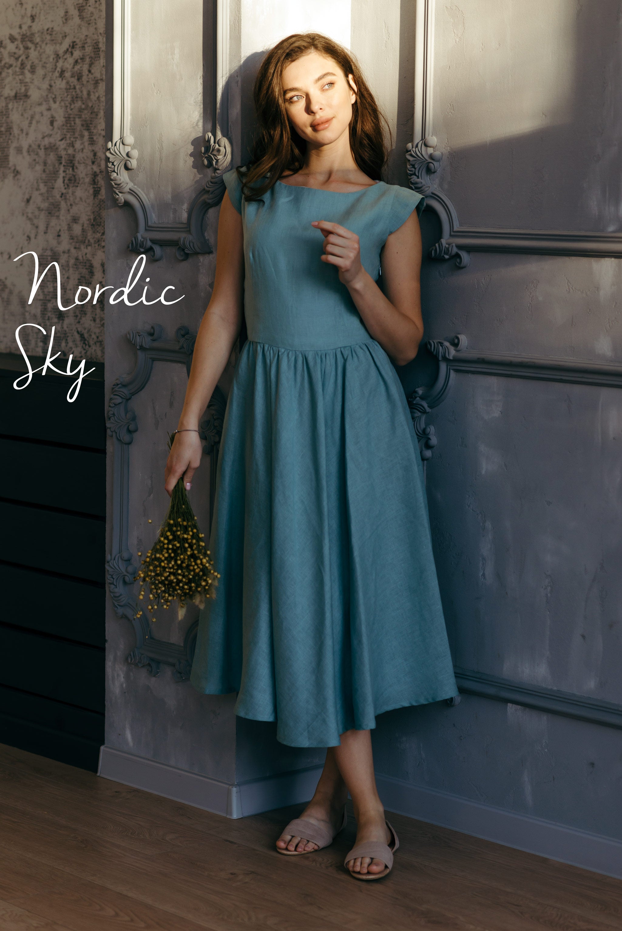 Linen Fit-and-Flare Midi Dress