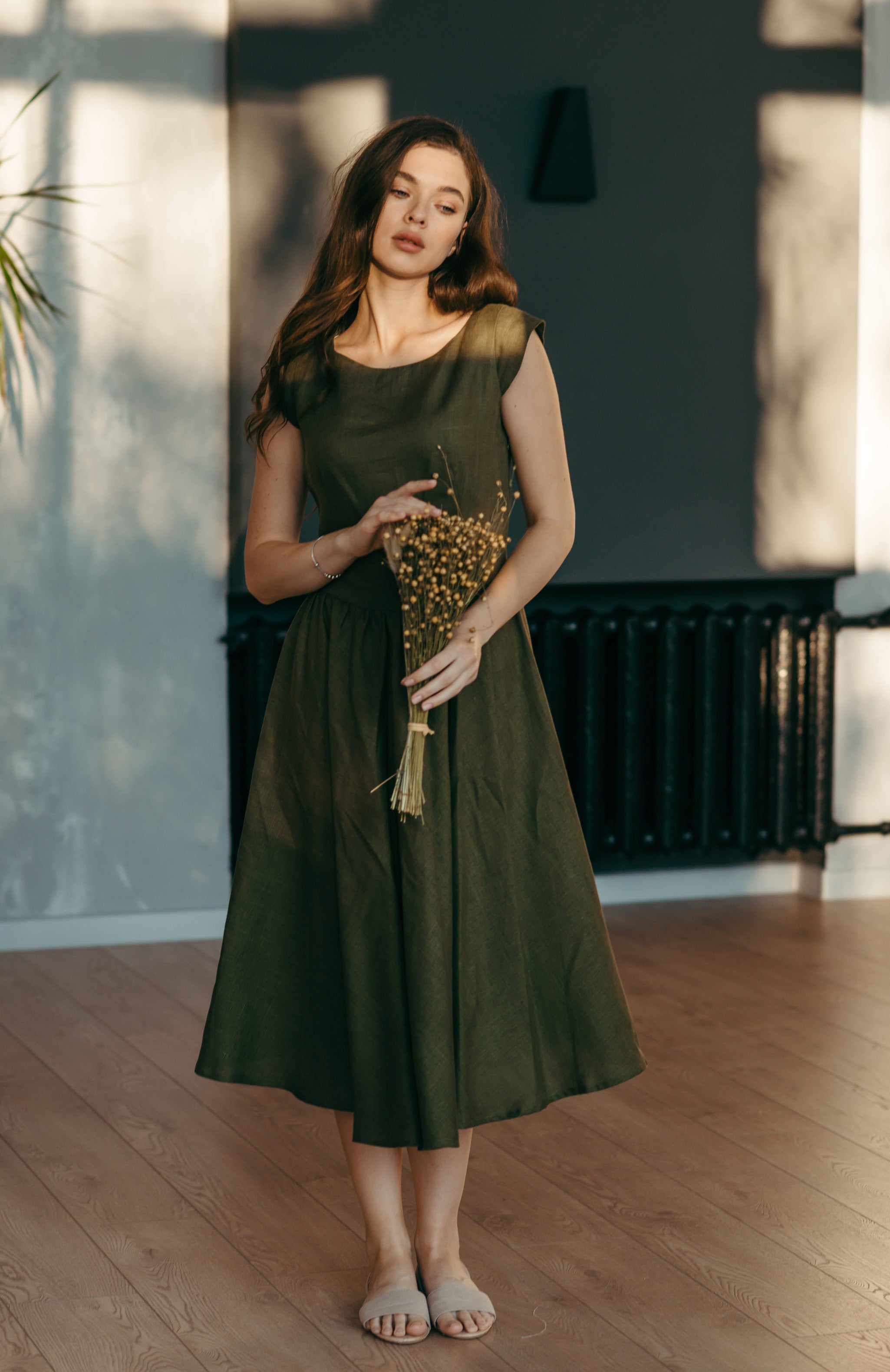 Linen Fit-and-Flare Midi Dress