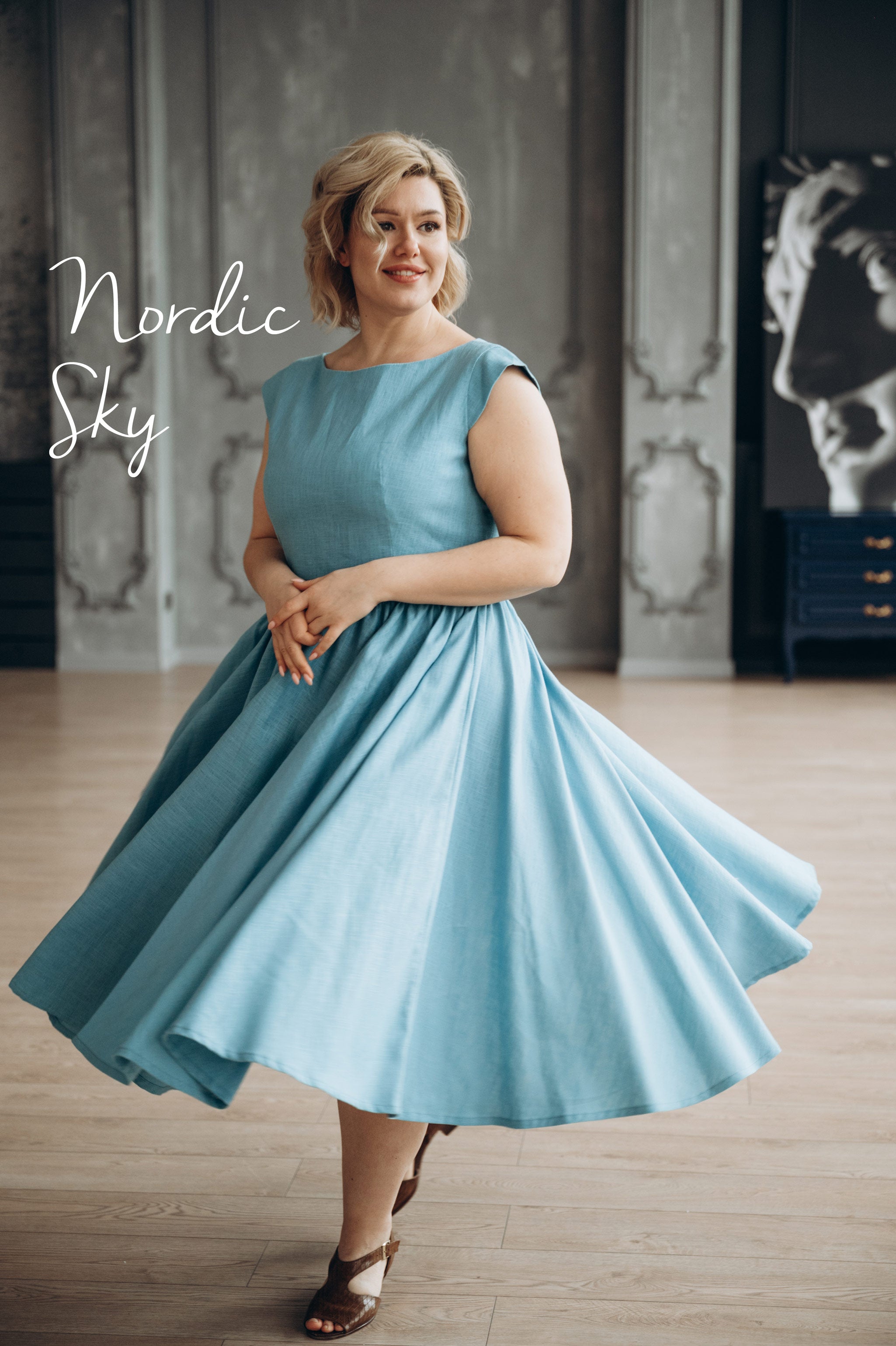 Linen Fit-and-Flare Midi Dress