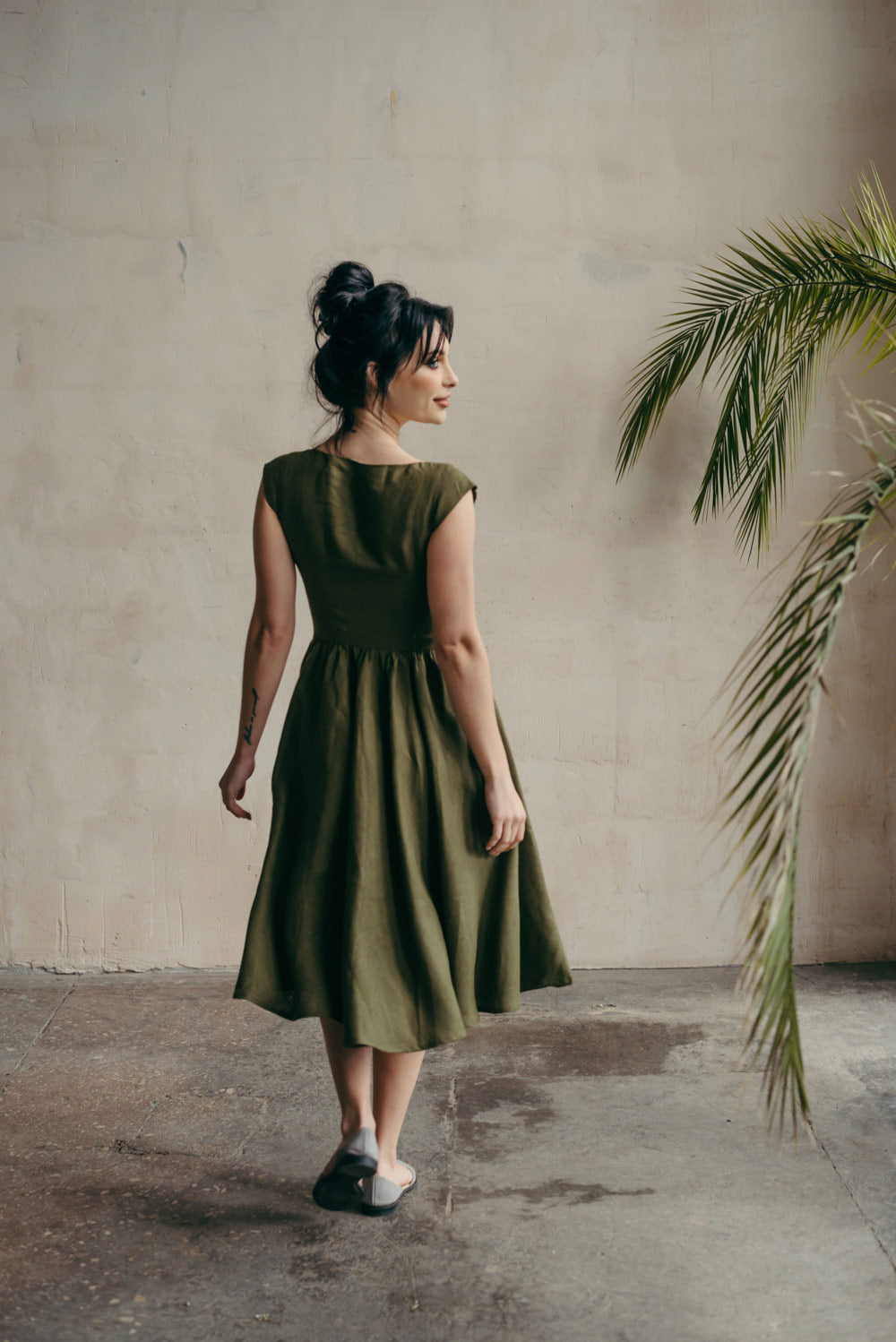 Linen Fit-and-Flare Midi Dress